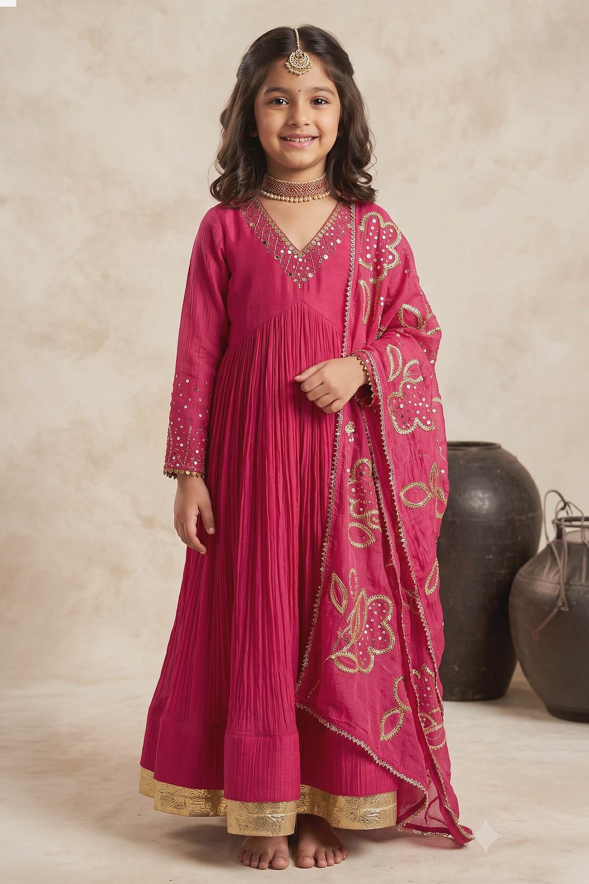 Buy Hirika & Dhruti Pink Tikki Pleated Anarkali With Dupatta For Kids at Aza Fashions