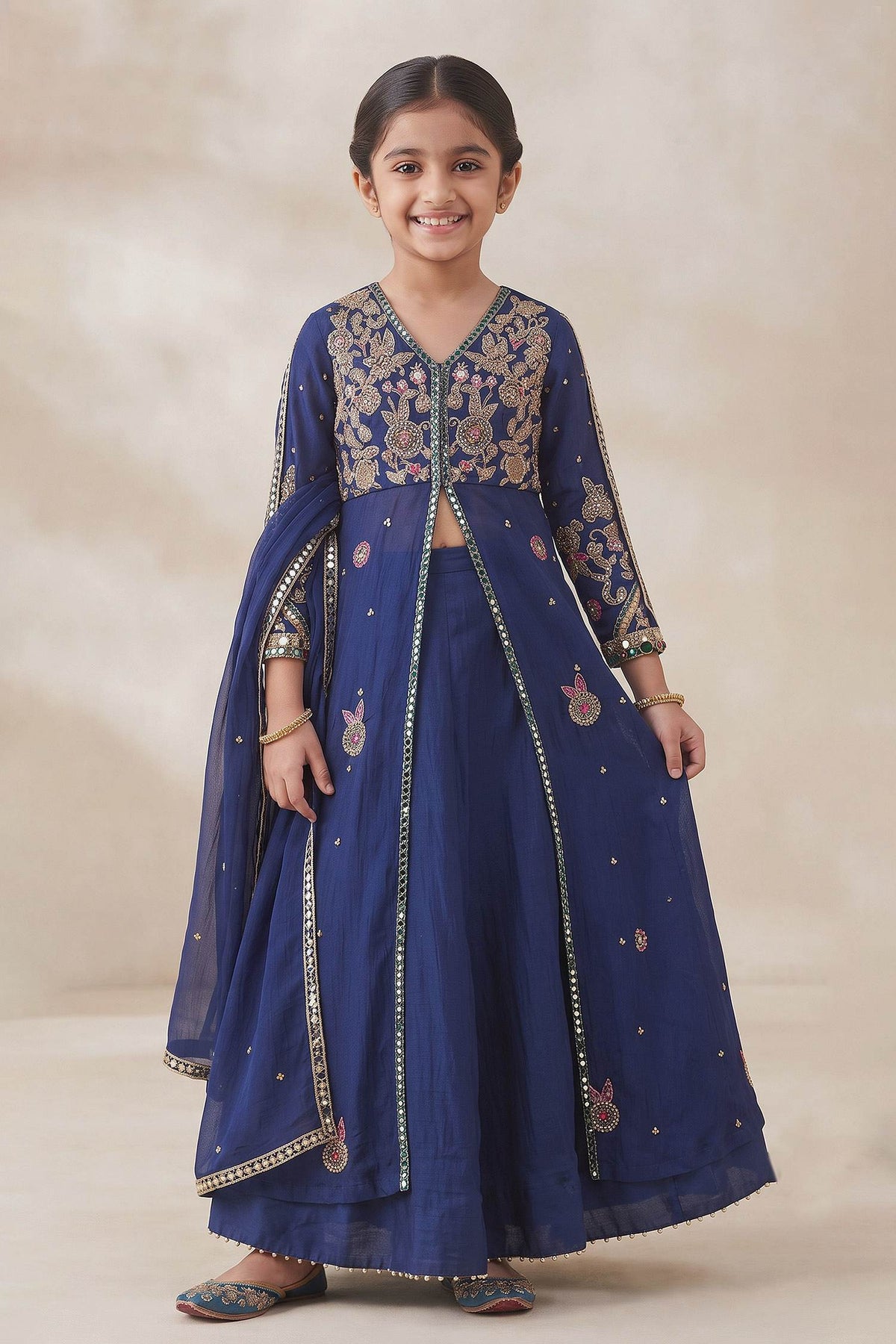 Buy Hirika & Dhruti Blue Zardozi Hand Work Jacket Lehenga Set For Kids at Aza Fashions