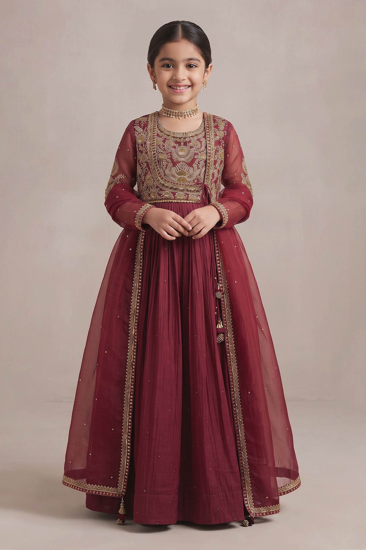Buy Hirika & Dhruti Burgundy Dori Embroidered Angarkha Anarkali Set For Kids at Aza Fashions