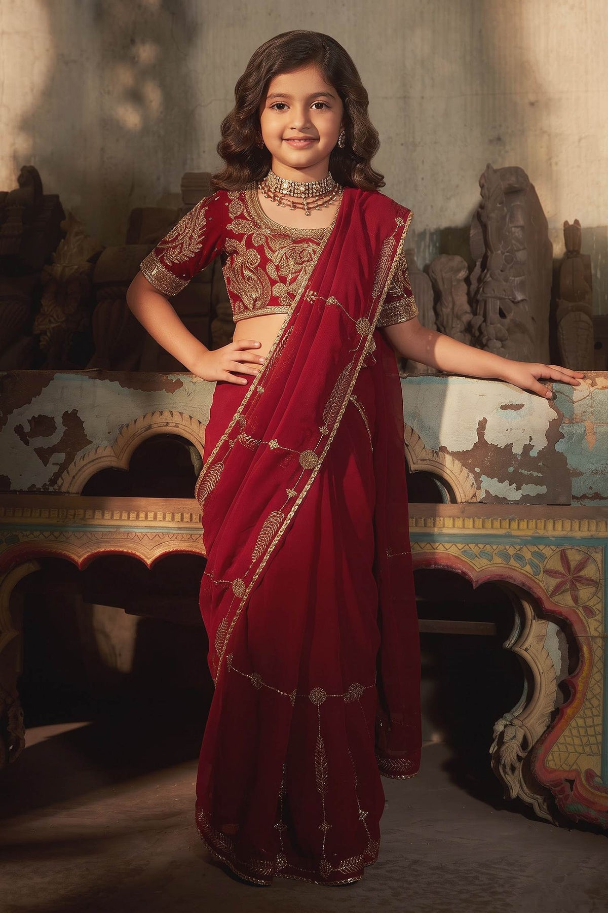 Buy Hirika & Dhruti Red Fankaar Hand Work Organza Saree And Blouse Set For Kids at Aza Fashions