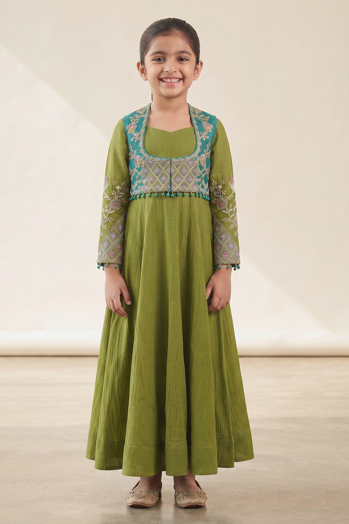 Buy Hirika & Dhruti Green Hand Work Embroidered Anarkali And Jacket Set For Kids at Aza Fashions
