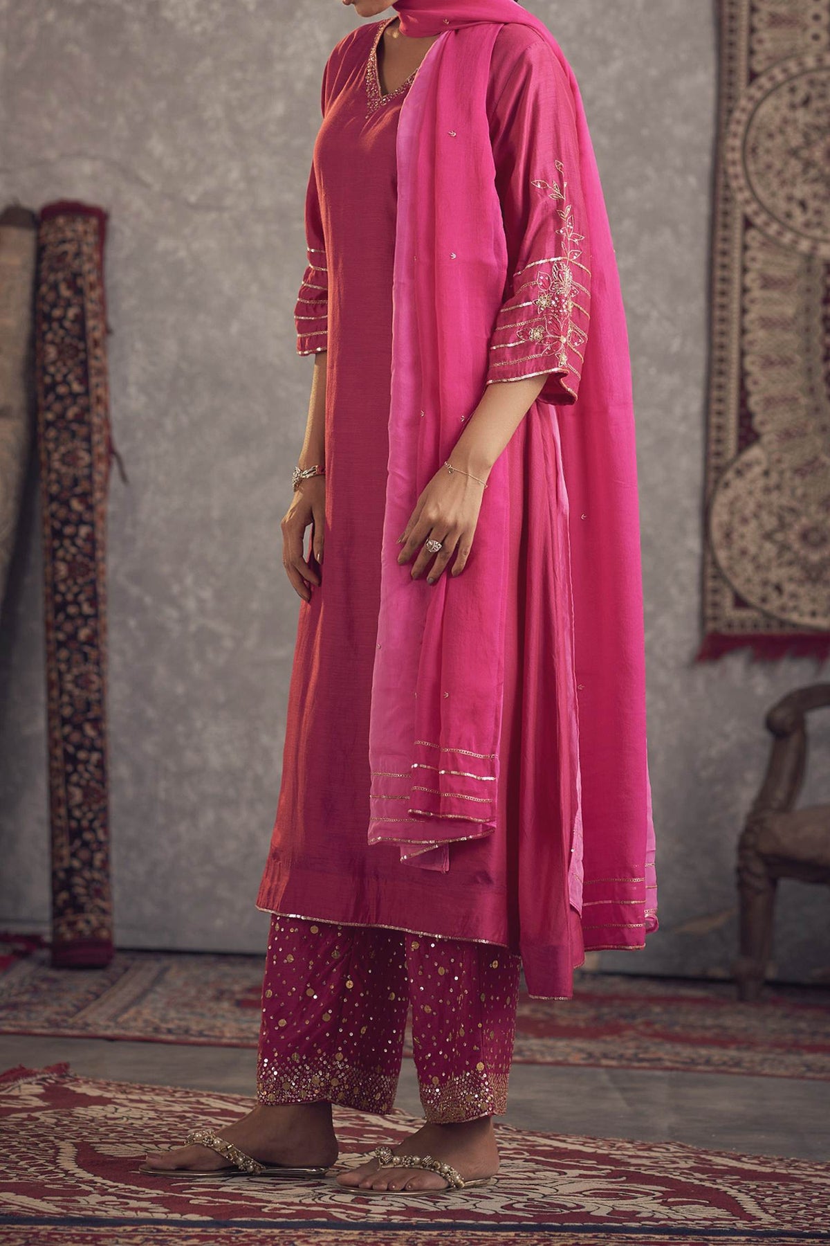 Shop Hirika & Dhruti Pink Dupatta Organza, Inner Lining Crepe, Kurta And Flower Embroidered Set For Kids at Aza Fashions