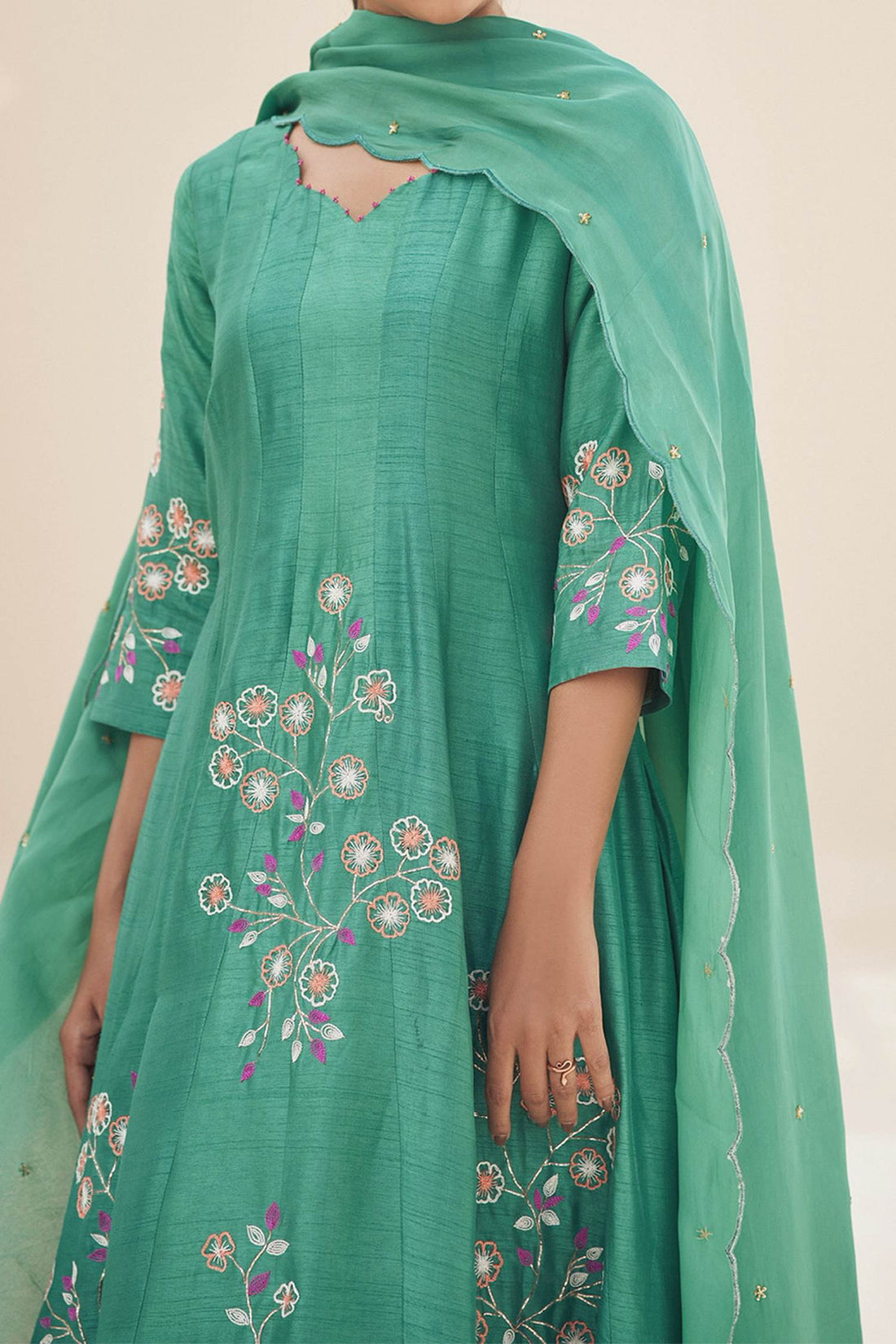 Shop Hirika & Dhruti Green Anarkali Silk, Dupatta Organza, Lining Crepe Hand Embroidered With For Kids at Aza Fashions