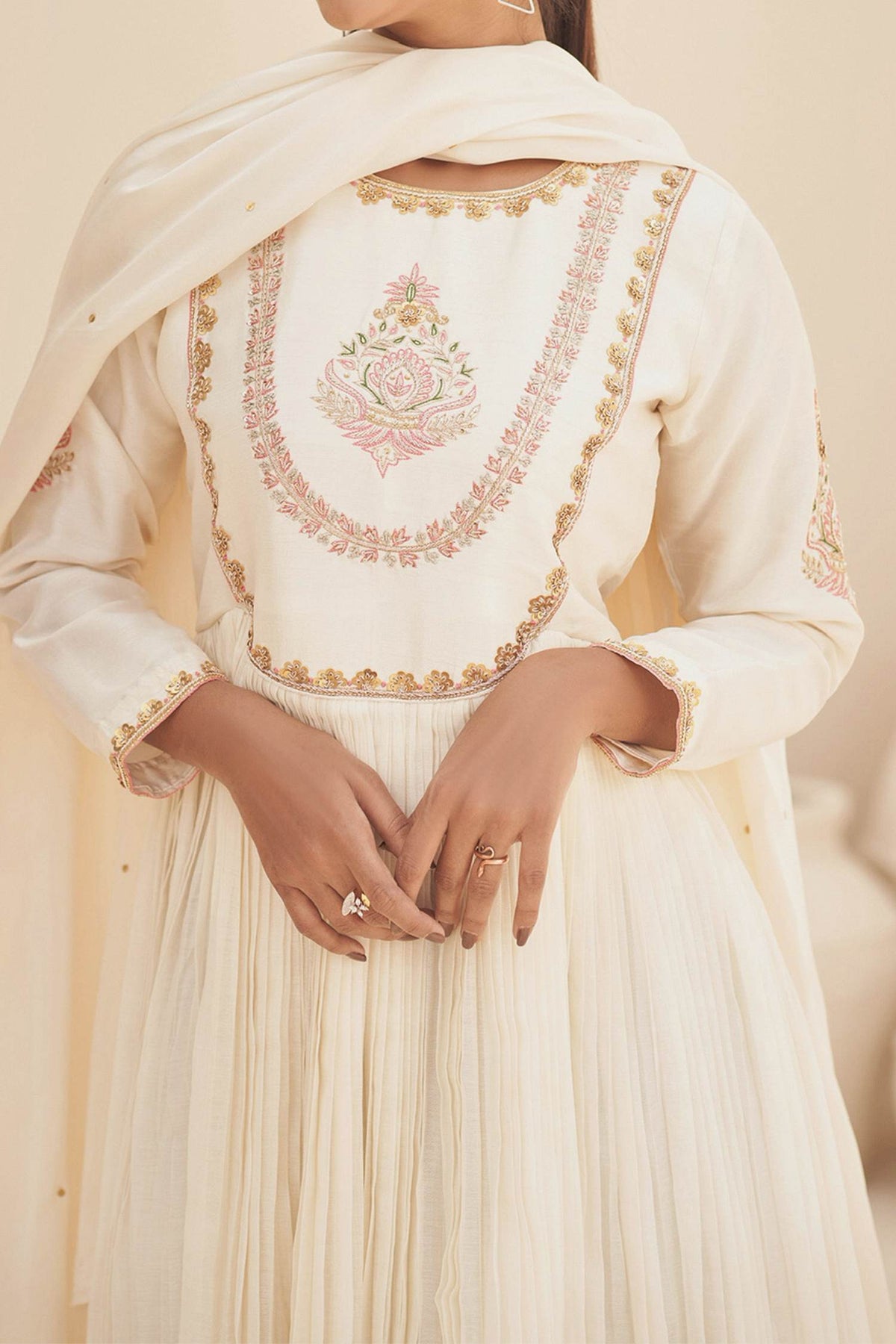 Hirika & Dhruti Ivory Anarkali Chanderi, Dupatta Organza, Lining Crepe Hand Embroidered Set For Kids Online at Aza Fashions
