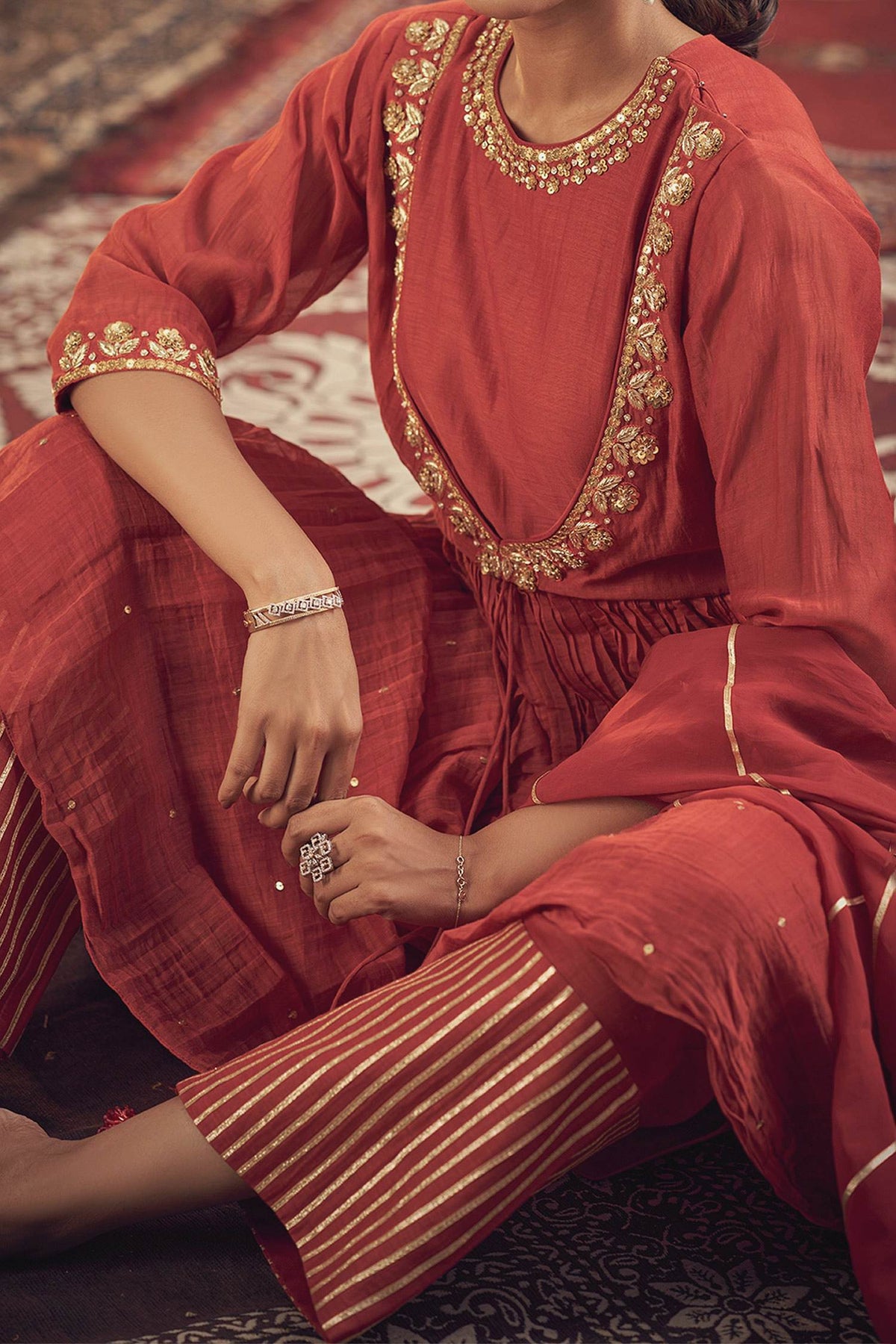Shop Hirika & Dhruti Red Cotton, Anarkali Chanderi, Lining Crepe Gota, Zari And Sequin Work Pant Set For Kids at Aza Fashions