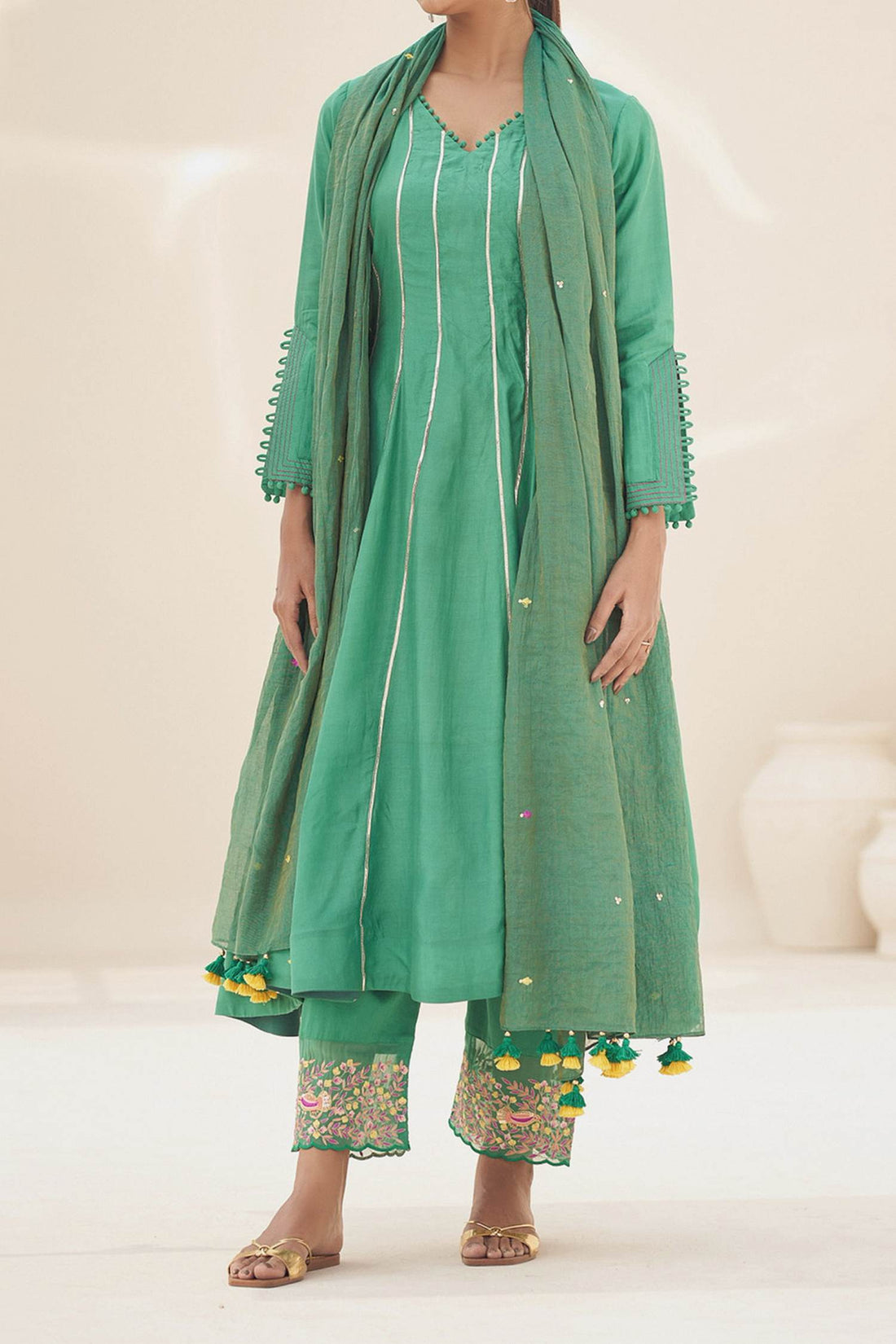Shop Hirika & Dhruti Green Cotton Silk, Dupatta Organza, Lining Crepe Hand Embroidered Anarkali Set For Kids at Aza Fashions