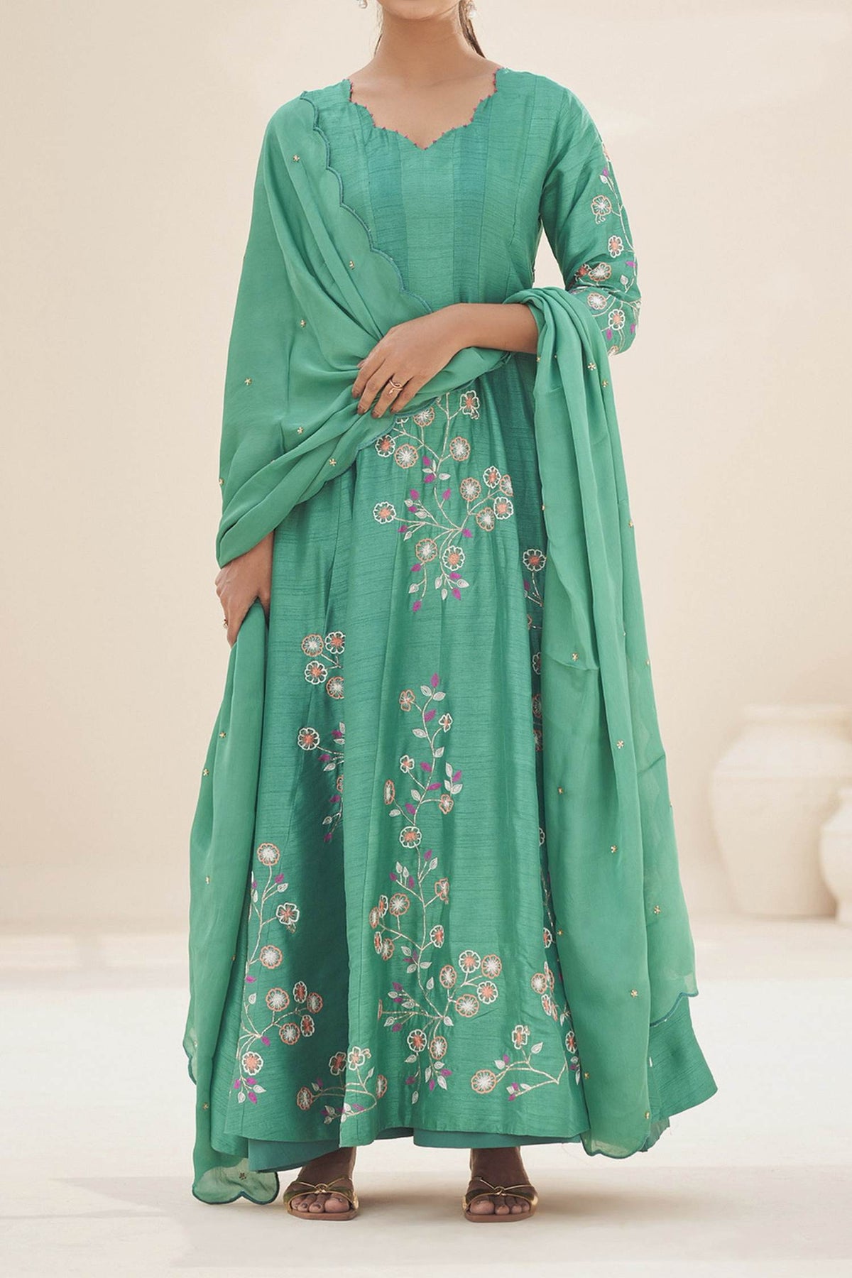 Hirika & Dhruti Green Anarkali Silk, Dupatta Organza, Lining Crepe Hand Embroidered With For Kids Online at Aza Fashions
