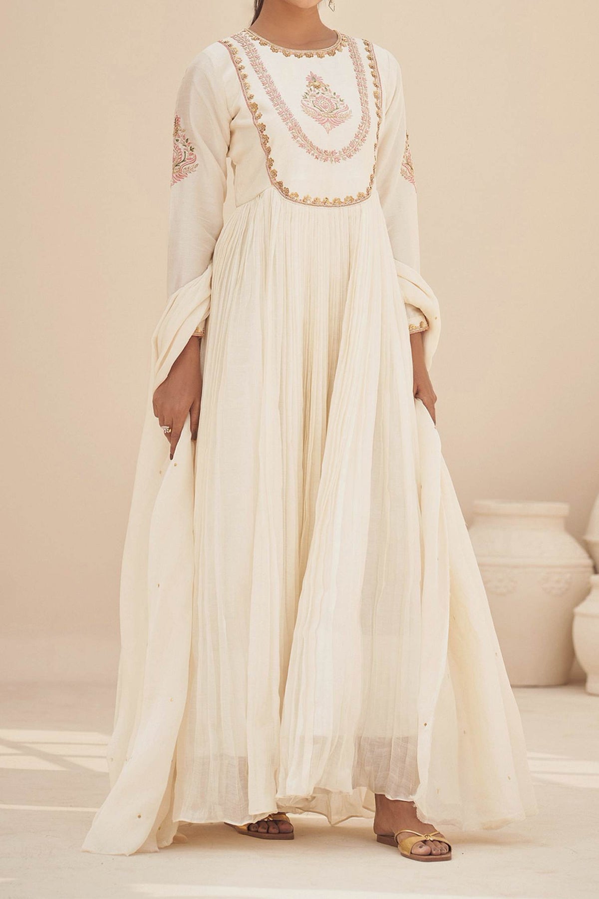 Shop Hirika & Dhruti Ivory Anarkali Chanderi, Dupatta Organza, Lining Crepe Hand Embroidered Set For Kids at Aza Fashions