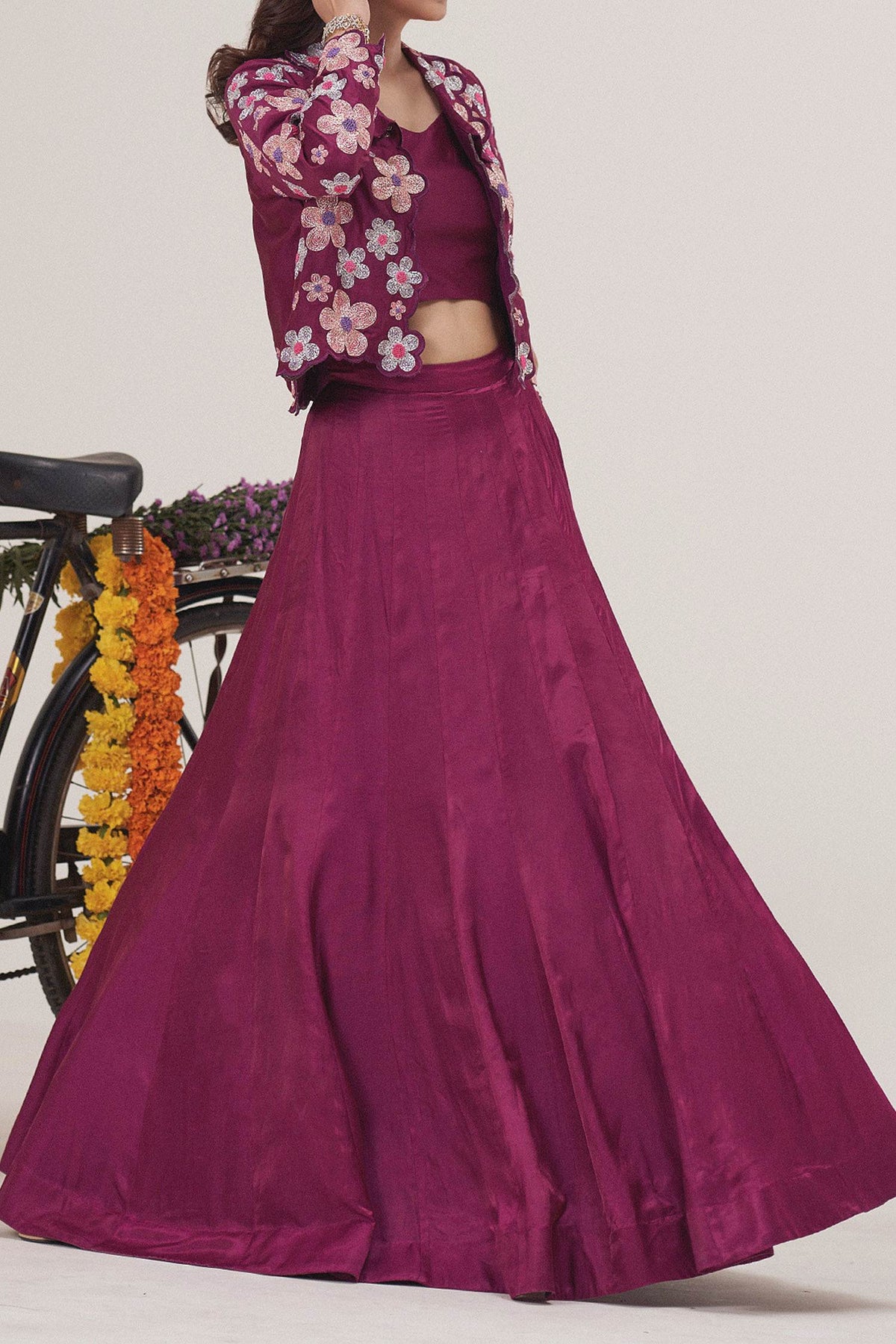 Shop Hirika & Dhruti Pink Gajji Silk Floral Beads Blossom Embroidered Jacket Lehenga Set For Kids at Aza Fashions