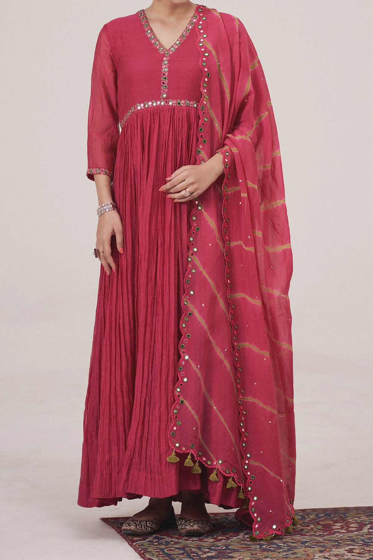 Shop Hirika & Dhruti Maroon Anarkali Malai Chanderi, Dupatta Organza Leheriya Embroidered With For Kids at Aza Fashions