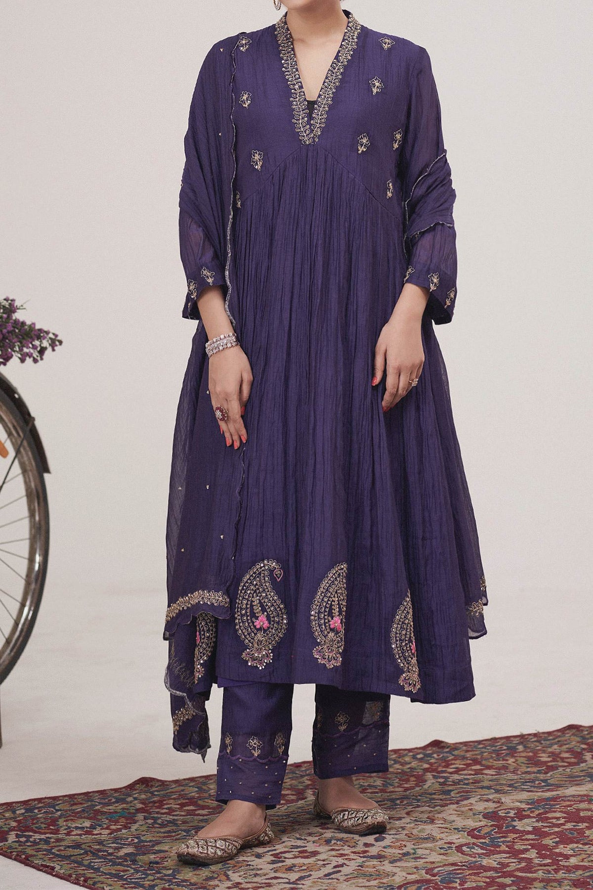 Hirika & Dhruti Purple Malai Chanderi Marodi Work Anarkali Pant Set For Kids