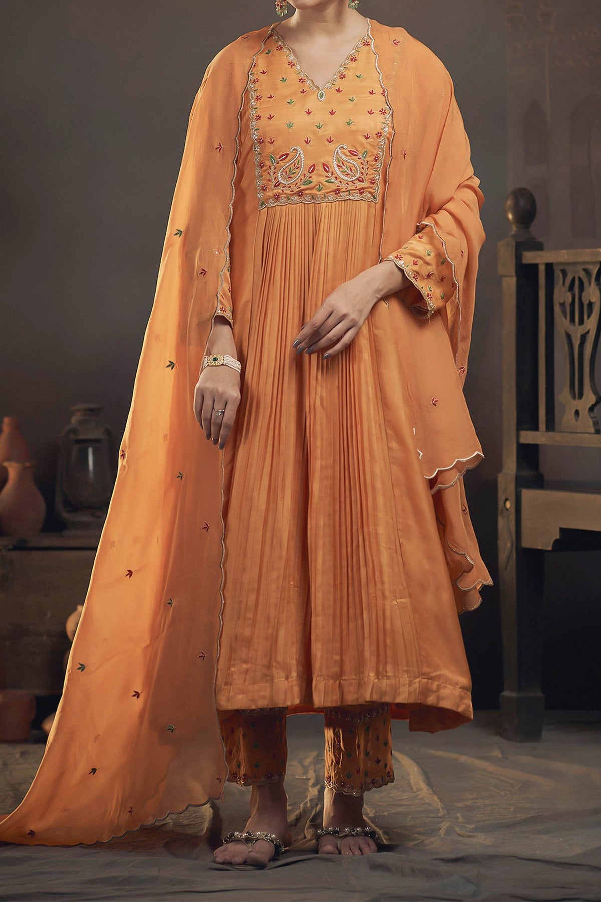 Shop Hirika & Dhruti Yellow Dupatta Organza, Pant Cotton, Kurta Gajji Embroidered Gathered Set For Kids at Aza Fashions