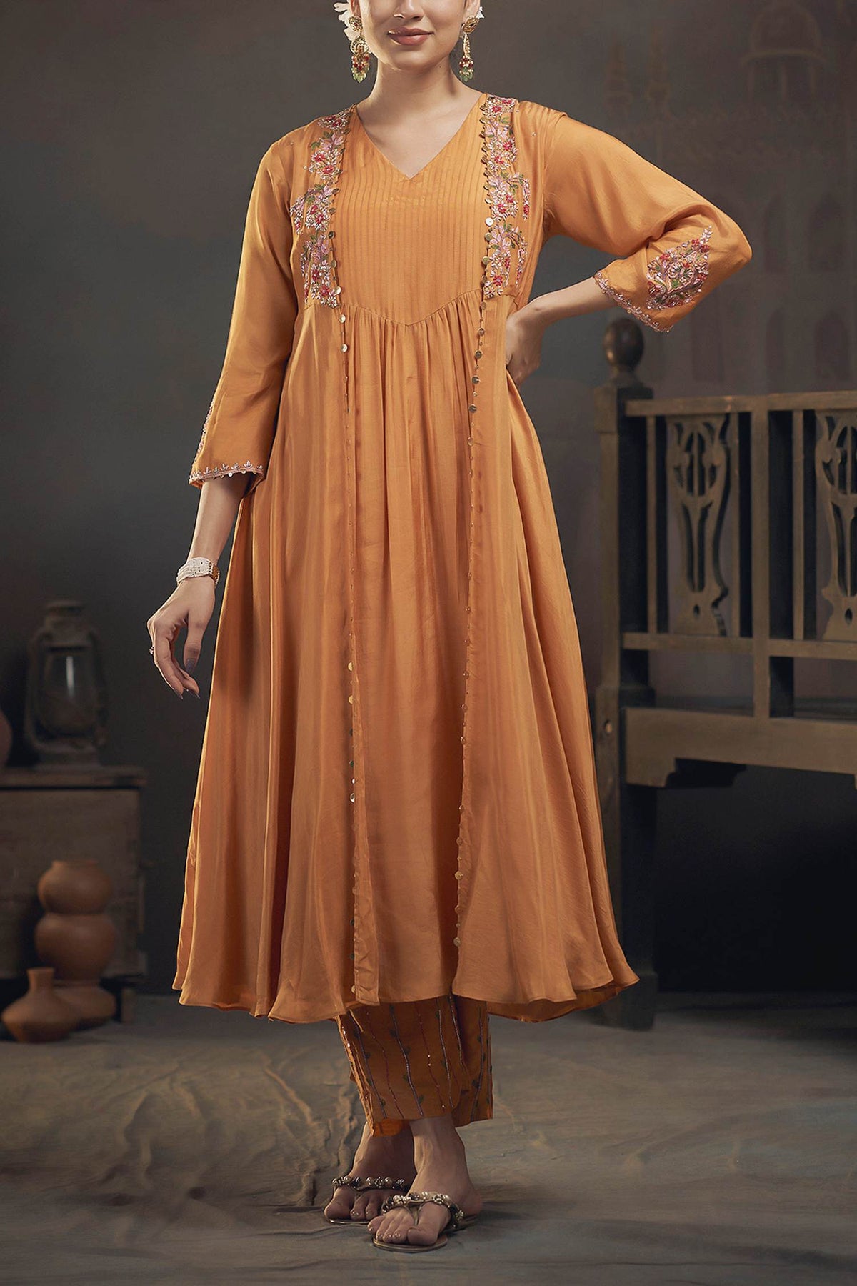 Shop Hirika & Dhruti Yellow Cotton Silk Floral, Sequins, Thread Embroidered Jacket Kurta And Pant Set For Kids at Aza Fashions