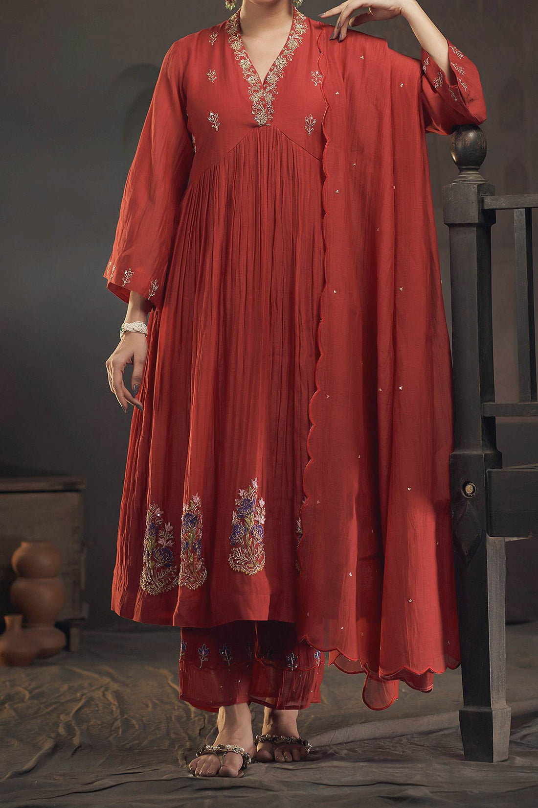 Shop Hirika & Dhruti Red Chanderi Floral, Marodi Embroidered Anarkali Pant Set For Kids at Aza Fashions