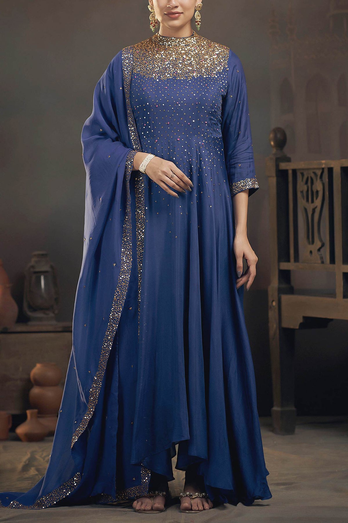 Shop Hirika & Dhruti Blue Churidar Lycra, Dupatta Organza, Anarkali Chinnon Embroidered Set For Kids at Aza Fashions