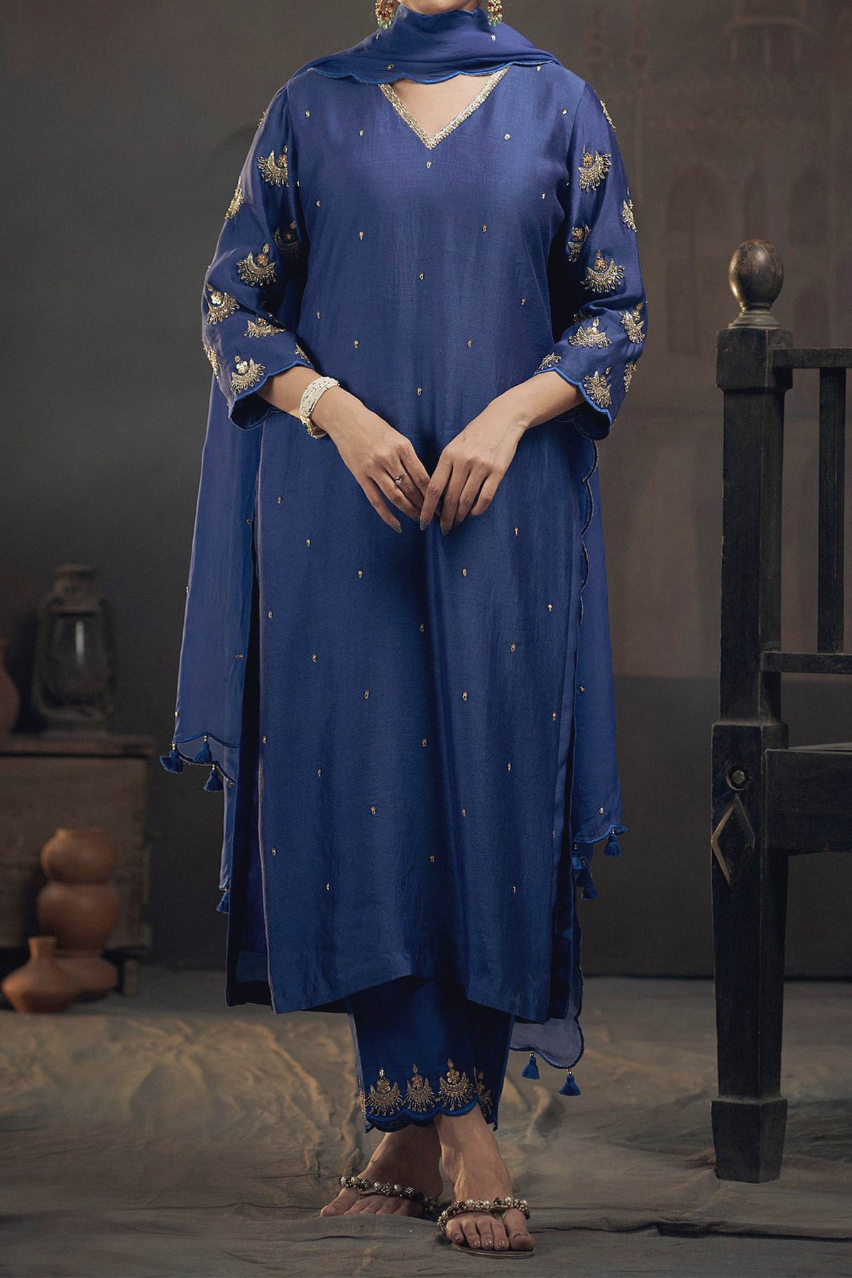 Shop Hirika & Dhruti Blue Dupatta Organza, Kurta Silk Chanderi, Pant Embroidered Straight Set For Kids at Aza Fashions