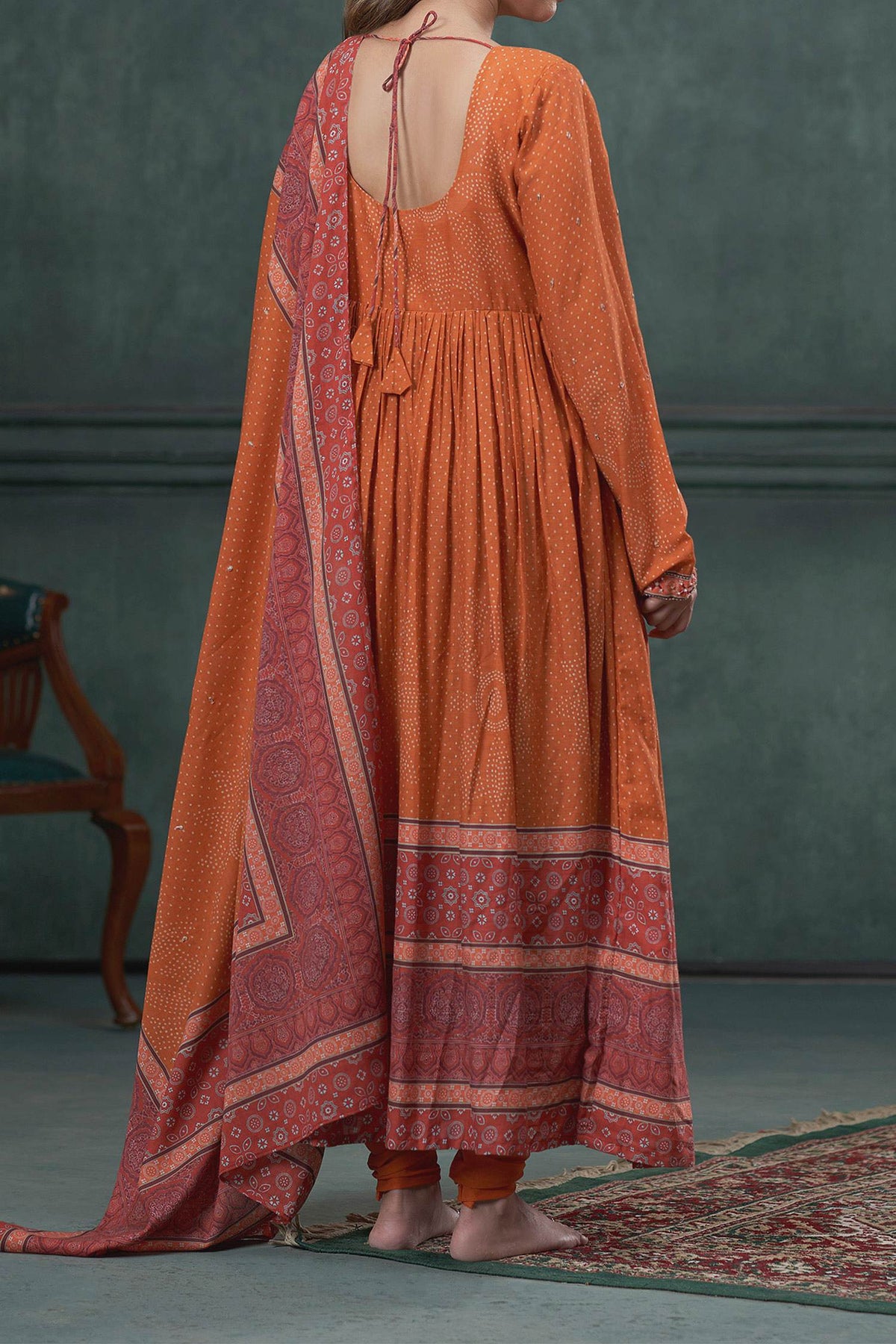 Shop Hirika & Dhruti Orange Churidar Lycra Stretch, Anarkali And Dupatta Cotton Print Set For Kids at Aza Fashions