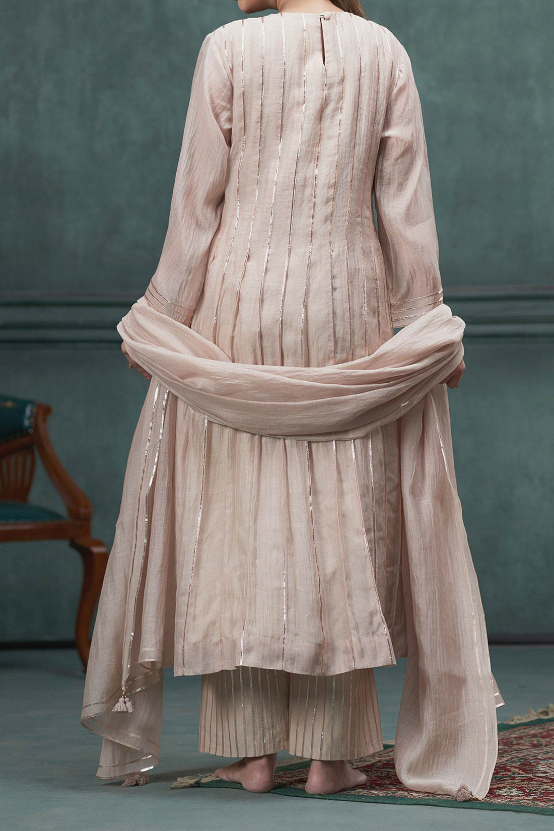 Shop Hirika & Dhruti Beige Chanderi Gota Lace Hand Embroidered Kurta Set For Kids at Aza Fashions
