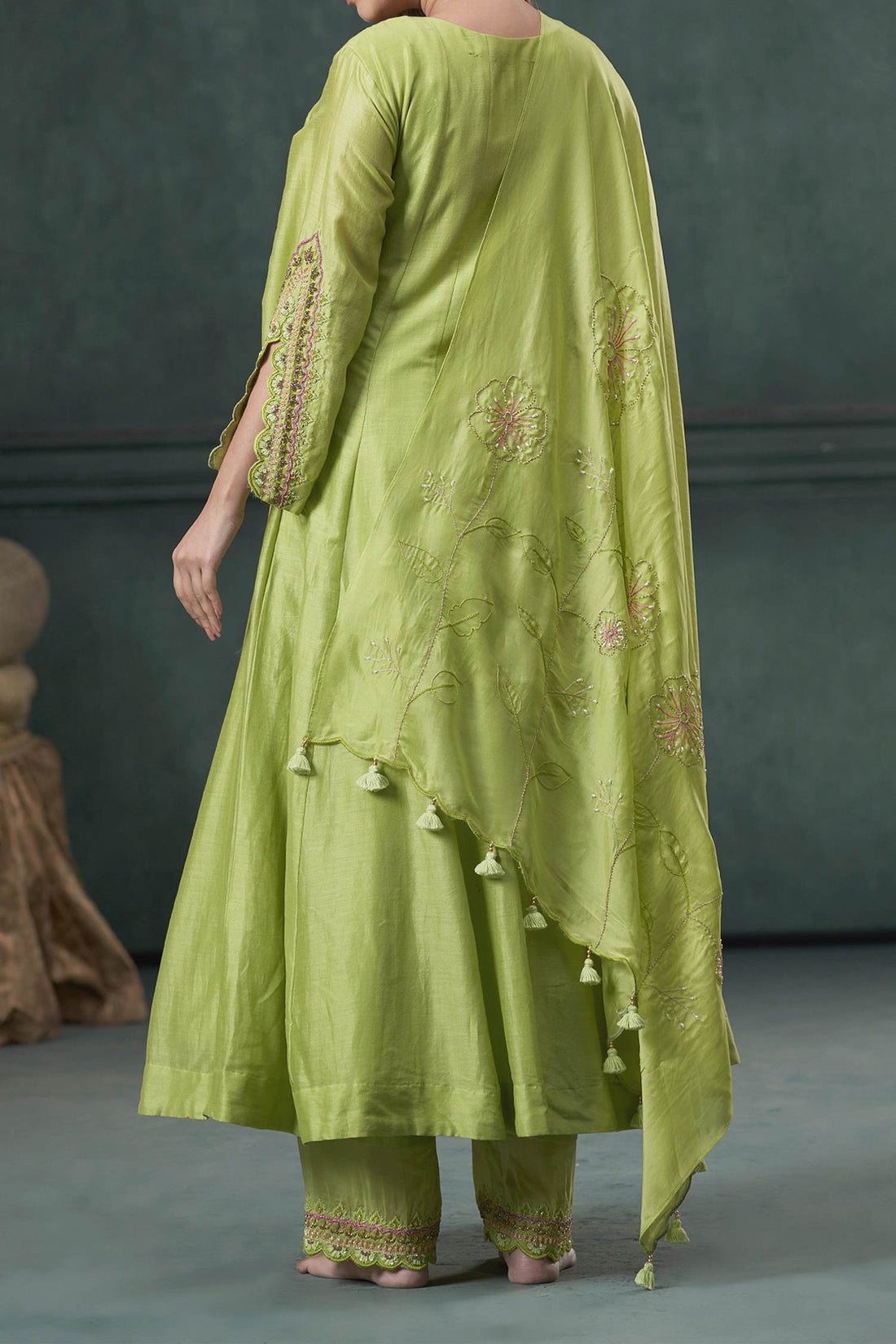 Shop Hirika & Dhruti Green Anarkali And Pant Silk, Dupatta Organza Thread, Moti & Embroidered Set For Kids at Aza Fashions