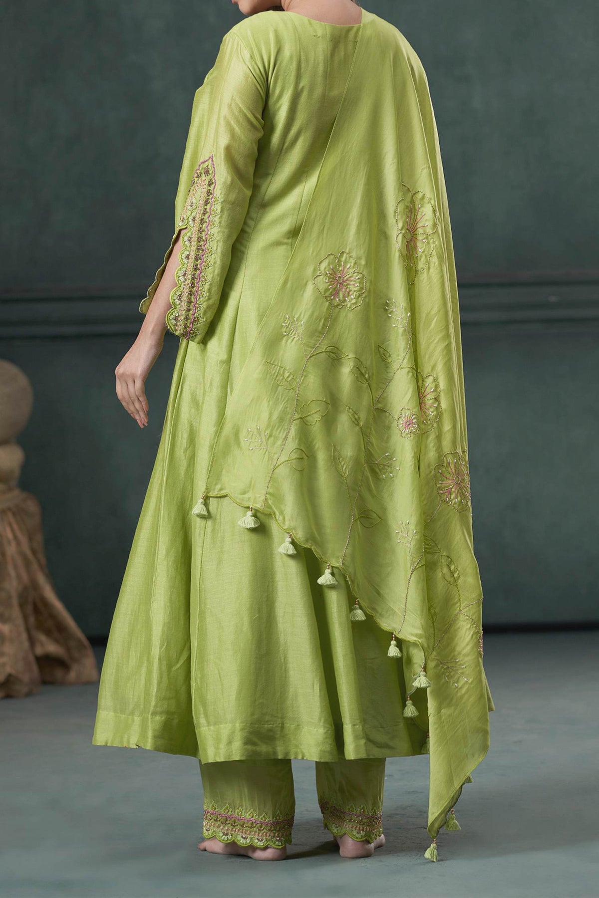 Shop Hirika & Dhruti Green Anarkali And Pant Silk, Dupatta Organza Thread, Moti & Embroidered Set For Kids at Aza Fashions