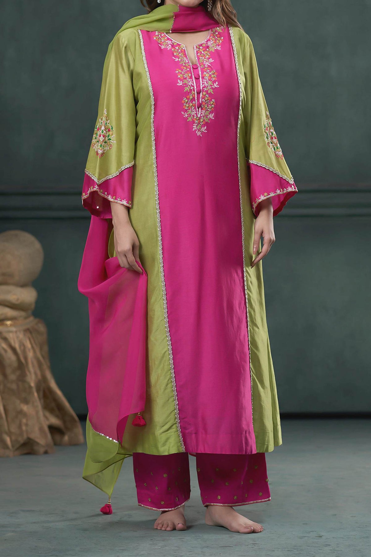 Shop Hirika & Dhruti Green Dupatta Organza, Kurta Silk, Pant Cotton Floral Embroidered Set For Kids at Aza Fashions
