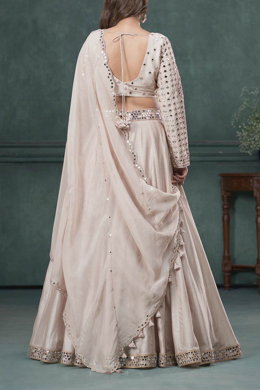 Shop Hirika & Dhruti Beige Dupatta Organza , Blouse And Lehenga Chiniya Embroidered Set For Kids at Aza Fashions