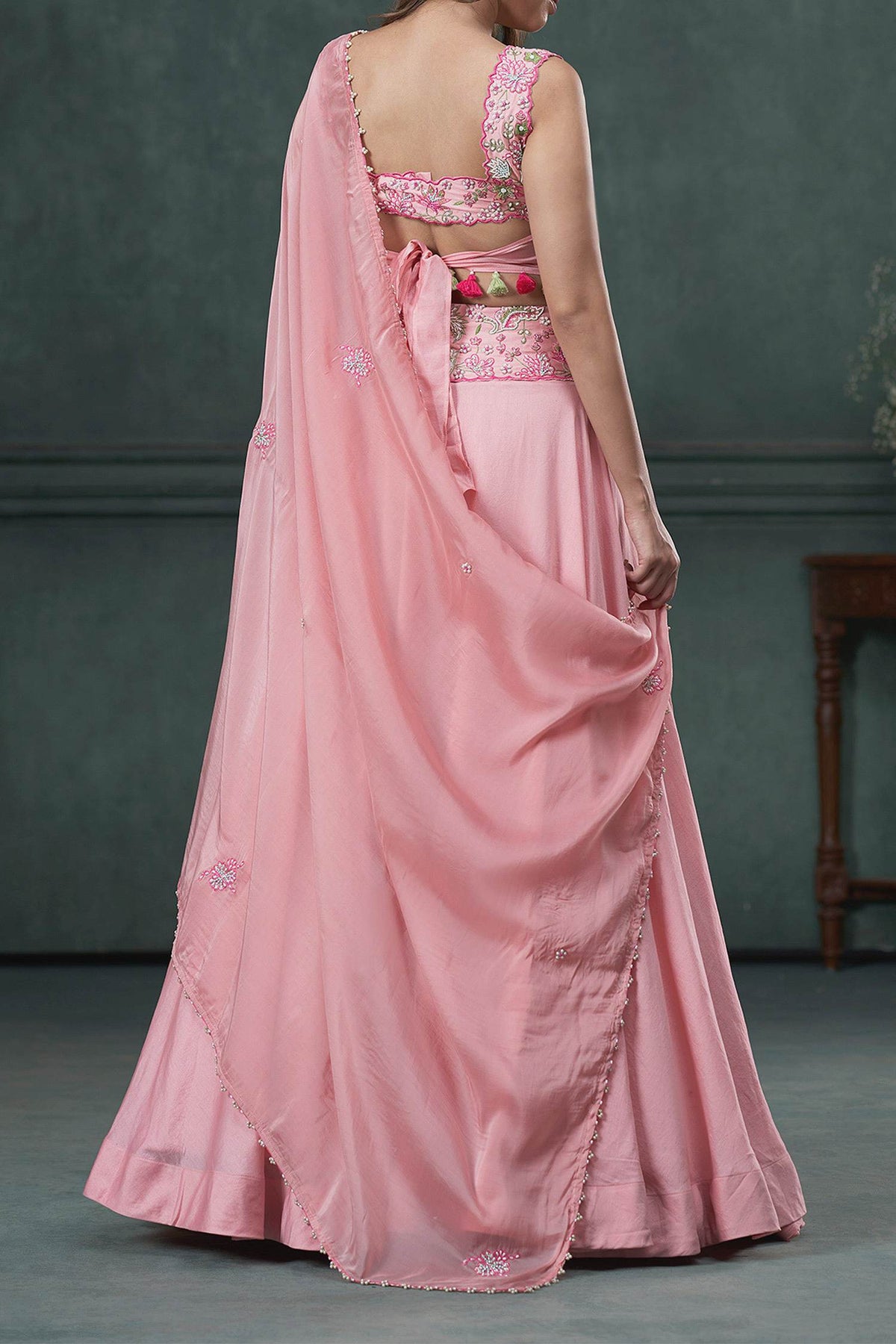 Shop Hirika & Dhruti Pink Dupatta Organza , Lehenga And Blouse Floral Embroidered Set For Kids at Aza Fashions