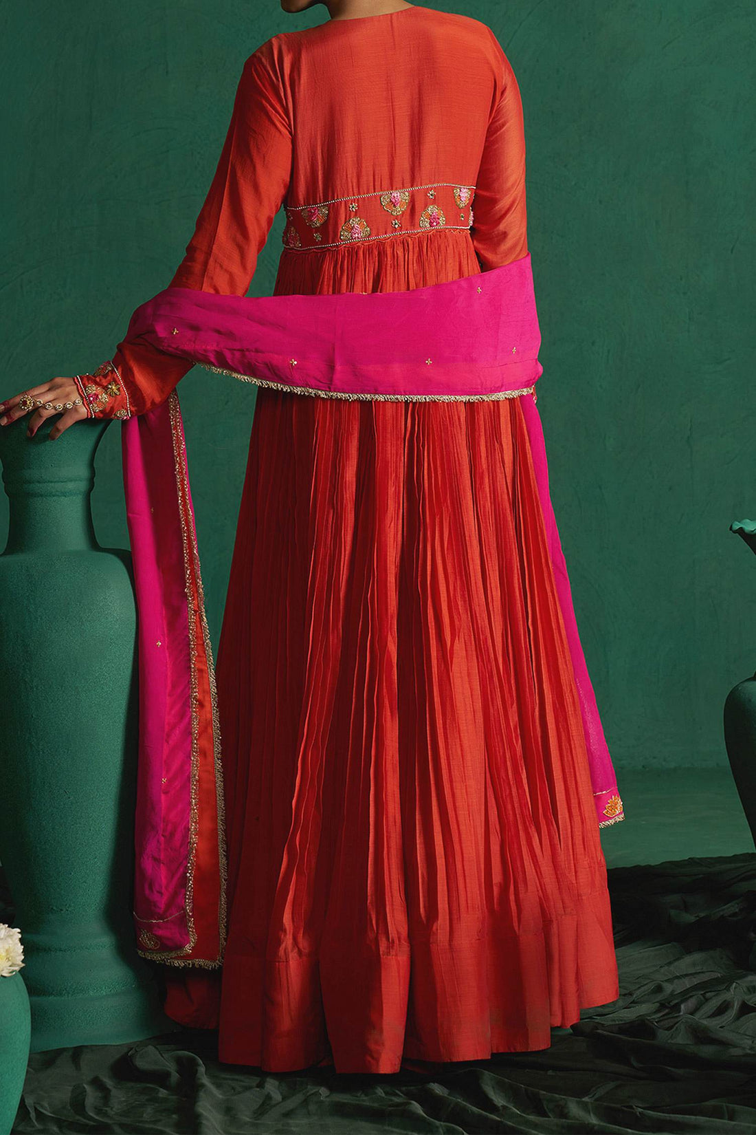 Shop Hirika & Dhruti Orange Embroidered Patchwork Anarkali Set For Kids at Aza Fashions