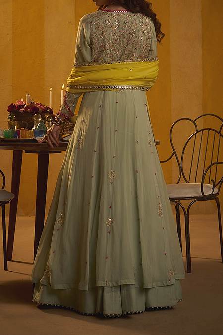 Shop Hirika & Dhruti Mint Zardozi Hand Embroidered Jacket Lehenga Set For Kids at Aza Fashions