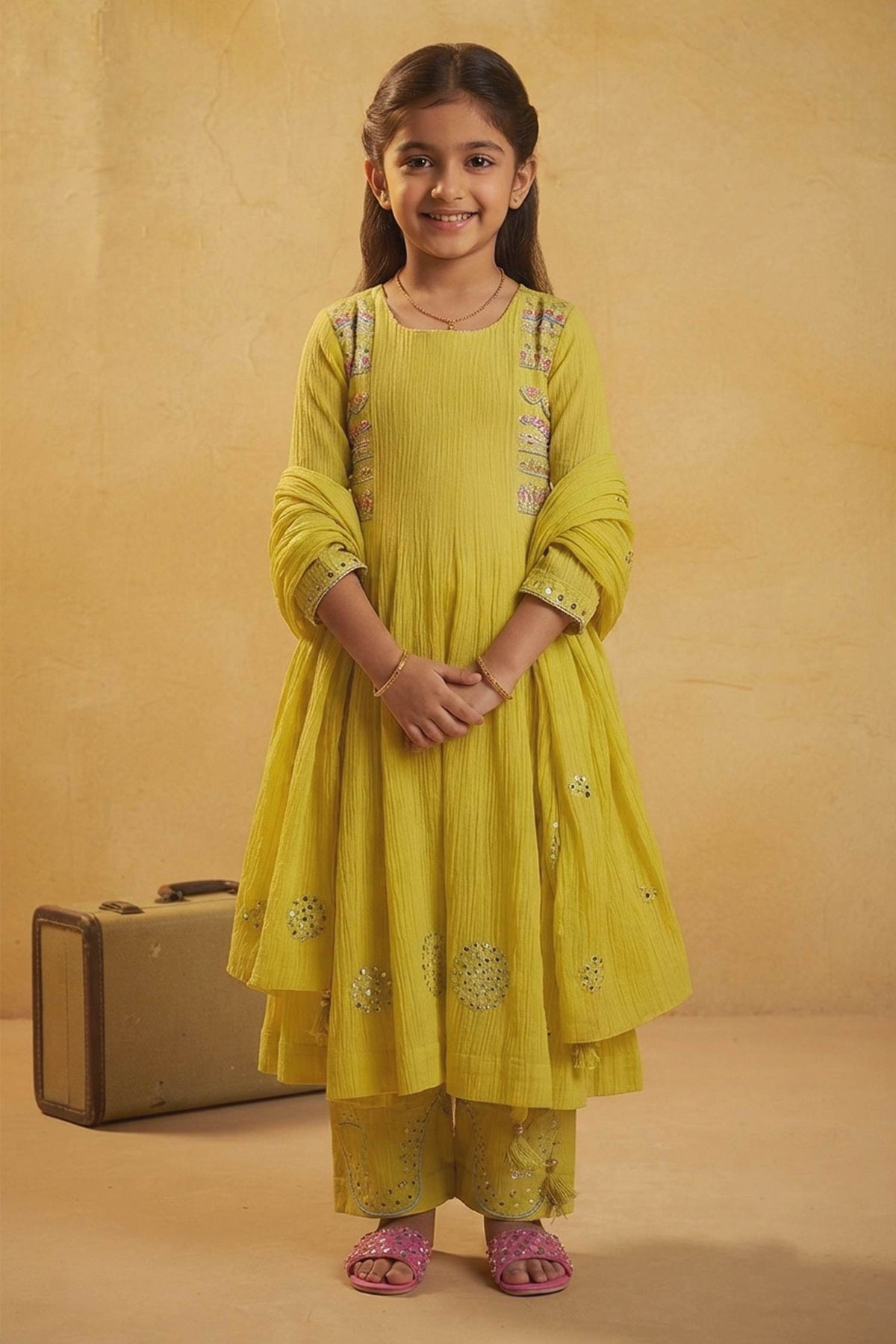 Shop Hirika & Dhruti Yellow Thread Work Kurta Set With Butti Dupatta For Kids Online at Aza Fashions