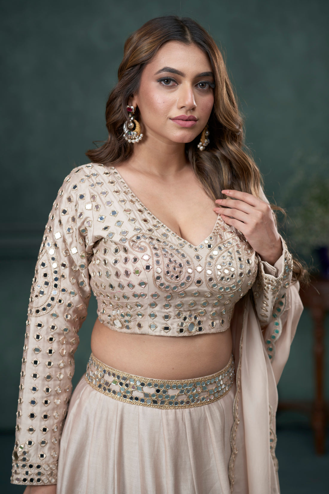 Beige Chiniya Silk Mirror Work Full Sleeves Ghaghra Set