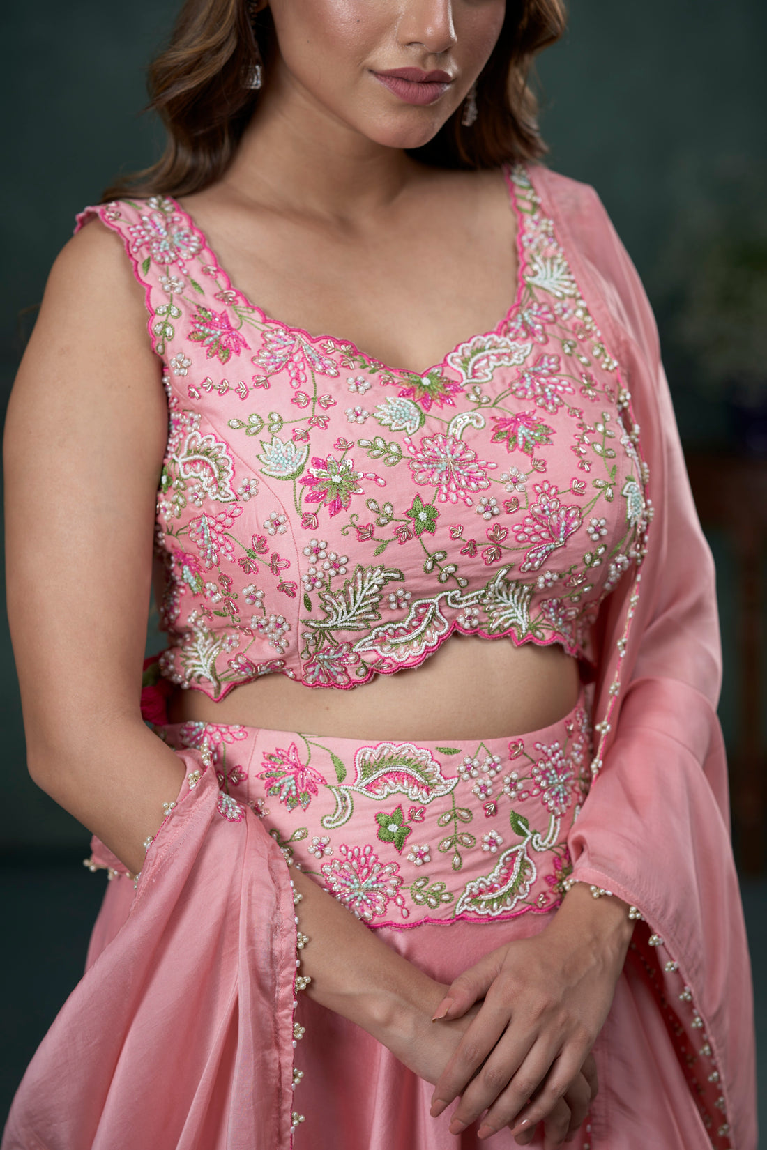 Baby Pink Silk Chanderi Paisely Work Ghaghra Set