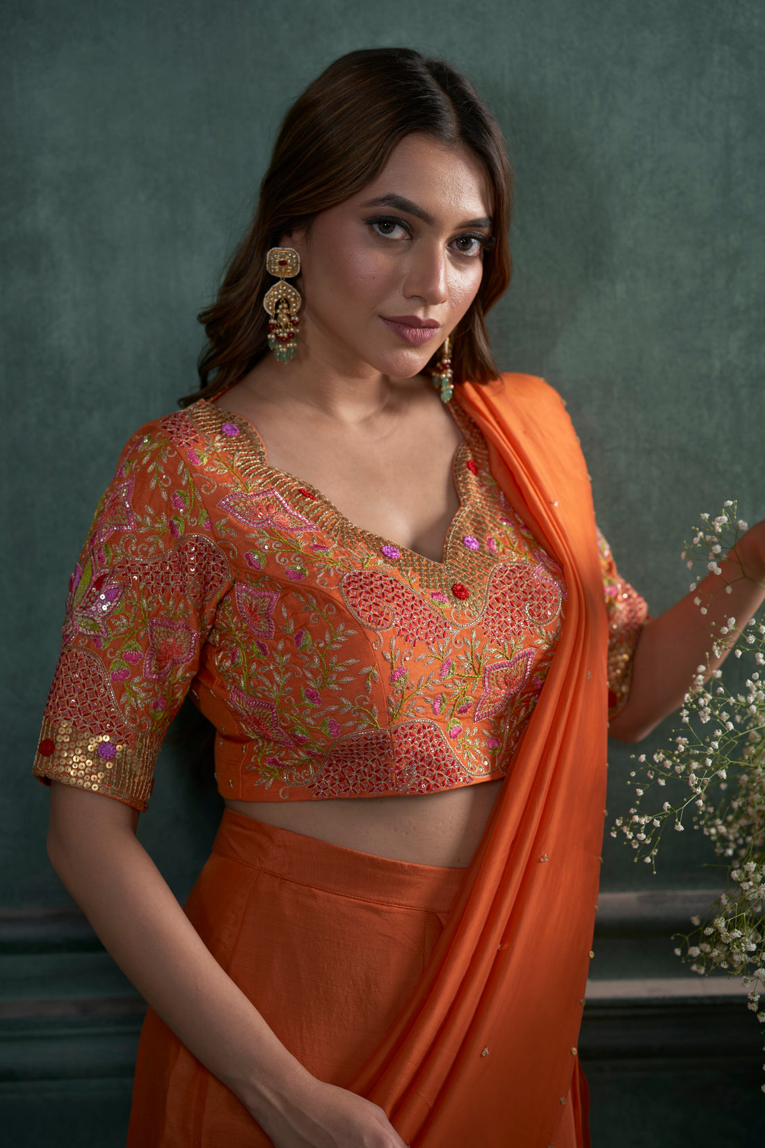 Orange Cotton Silk Tikki Thread Mix Work Saree Set