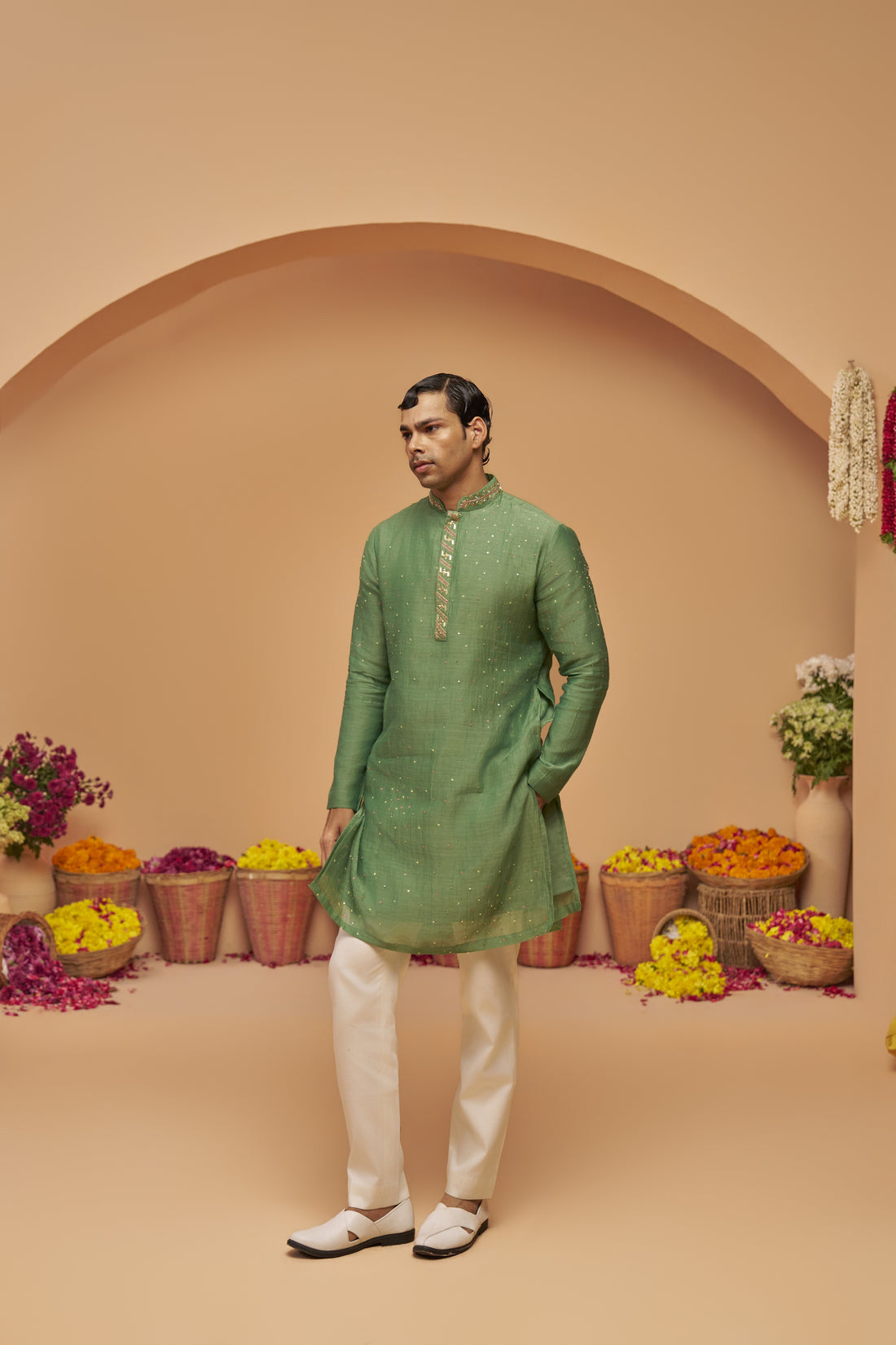 Green Badla Chanderi Kurta