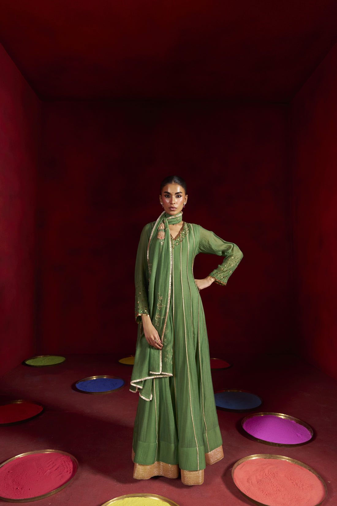 Green Patchwork Anarkali Set