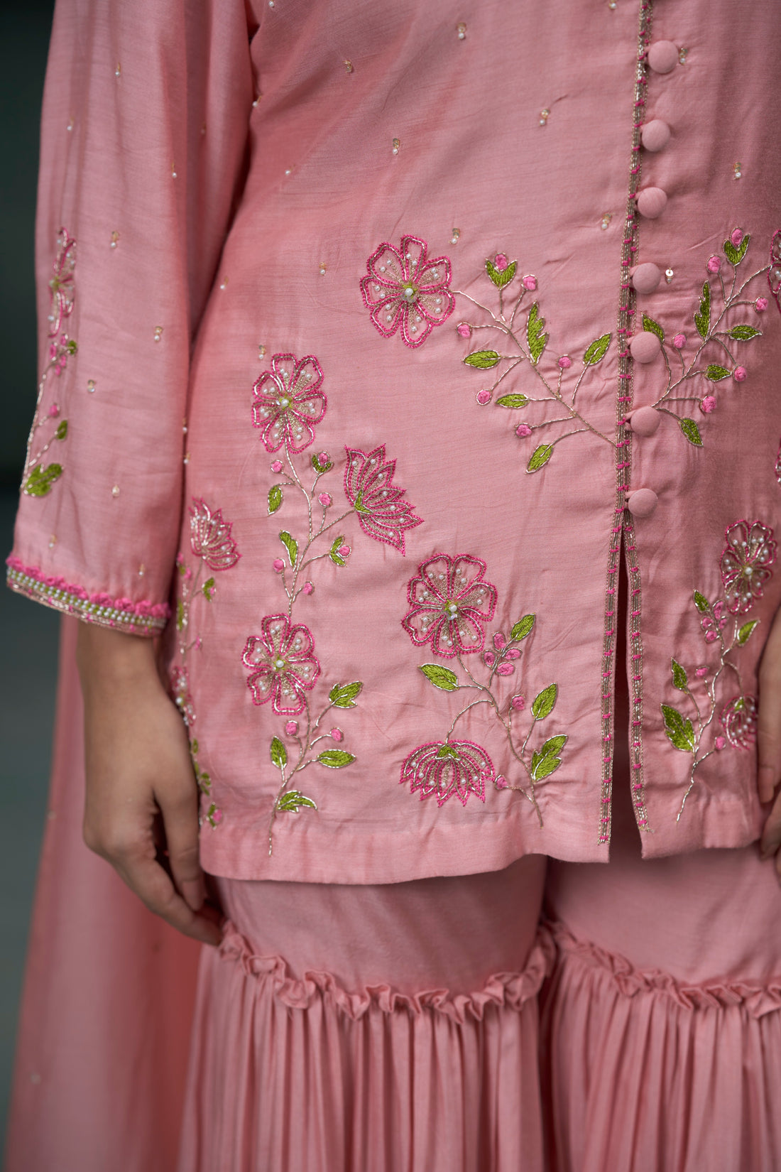 Baby Pink Monga Silk Hand Embroidered Short Kurta Sharara Set