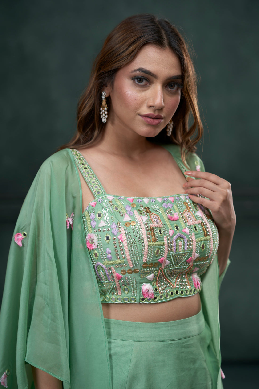 Pista Green Monga Silk Thread Mirror Mix Embroidery Drape Skirt Set