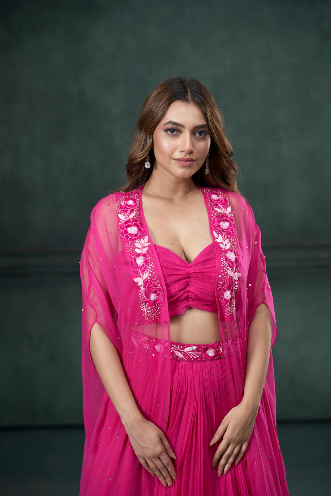 Rani Pink Organza Silk Georgette Pleated Ghaghra Set
