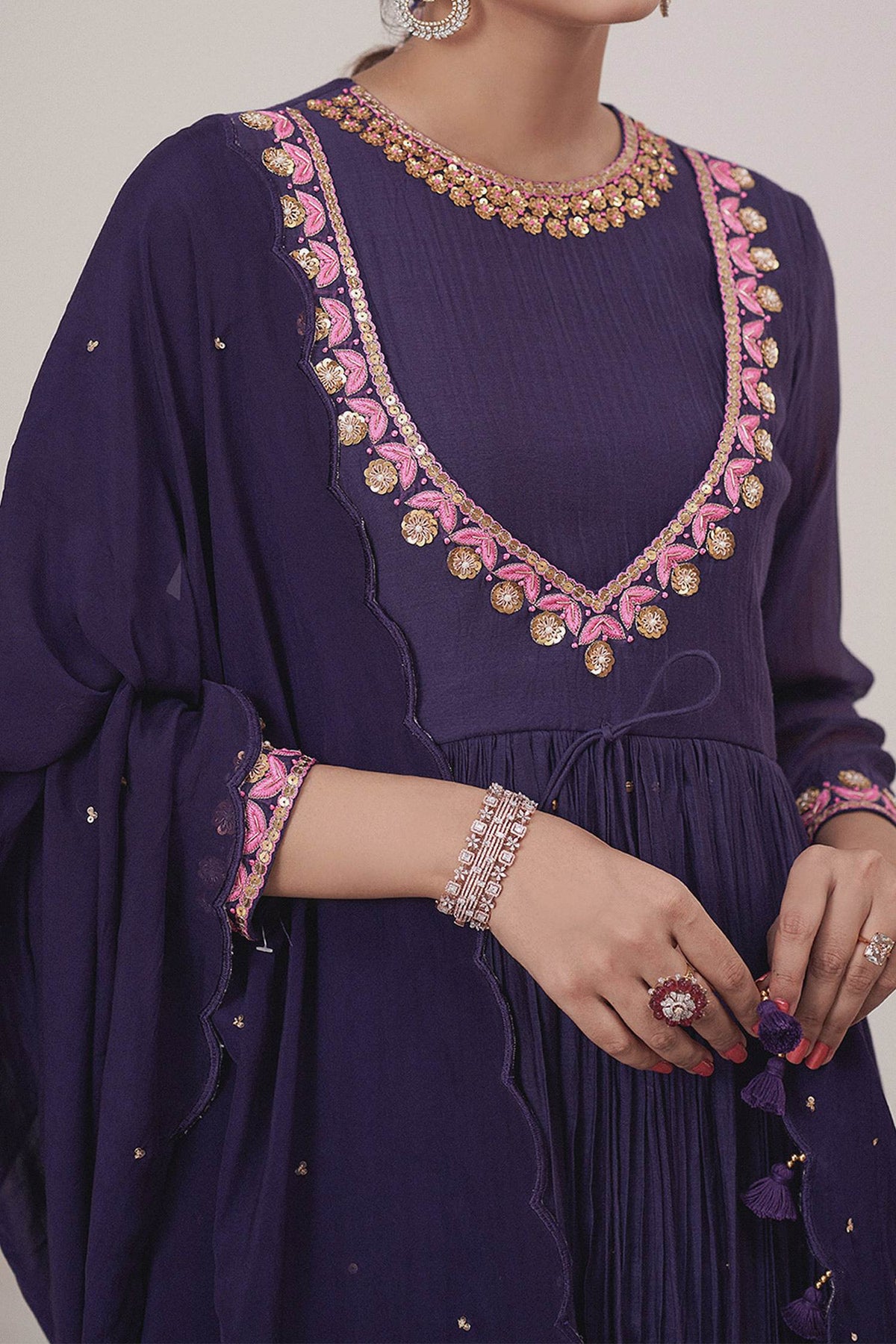 Buy Hirika &amp; Dhruti Purple Dupatta Organza, Pant Cotton, Anarkali Tulip Embroidered Pleated Set For Kids Online at Aza Fashions