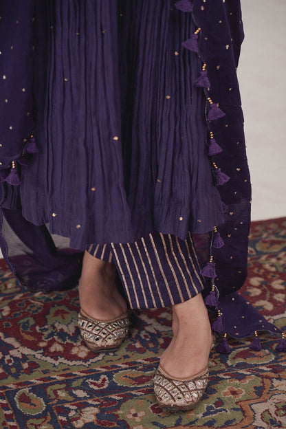 Hirika &amp; Dhruti Purple Dupatta Organza, Pant Cotton, Anarkali Tulip Embroidered Pleated Set For Kids Online at Aza Fashions