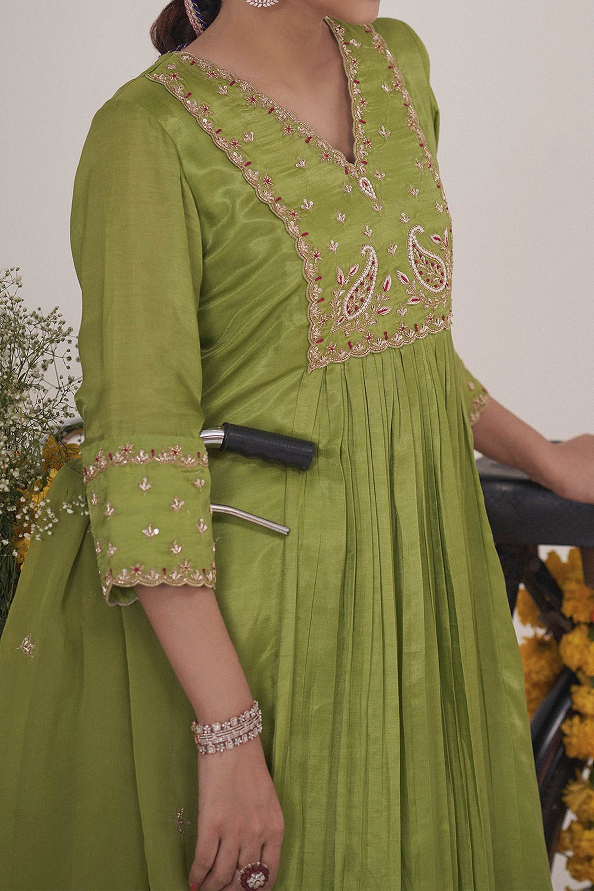 Buy Hirika &amp; Dhruti Green Anarkali Gajji Silk, Dupatta Organza, Pant Paisley Embroidered Set For Kids Online at Aza Fashions