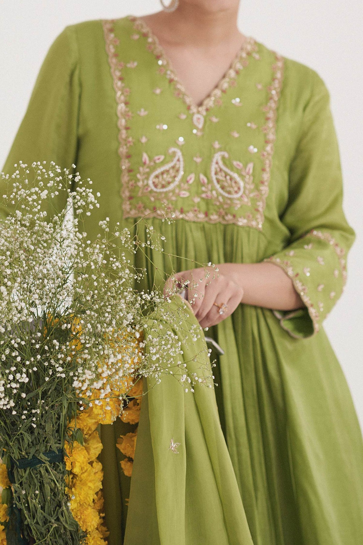 Hirika &amp; Dhruti Green Anarkali Gajji Silk, Dupatta Organza, Pant Paisley Embroidered Set For Kids Online at Aza Fashions