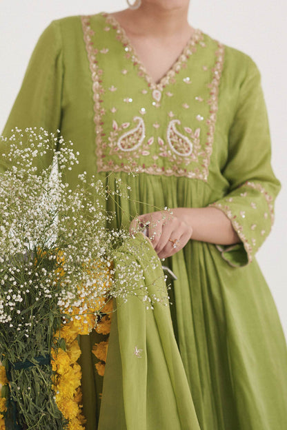 Hirika &amp; Dhruti Green Anarkali Gajji Silk, Dupatta Organza, Pant Paisley Embroidered Set For Kids Online at Aza Fashions