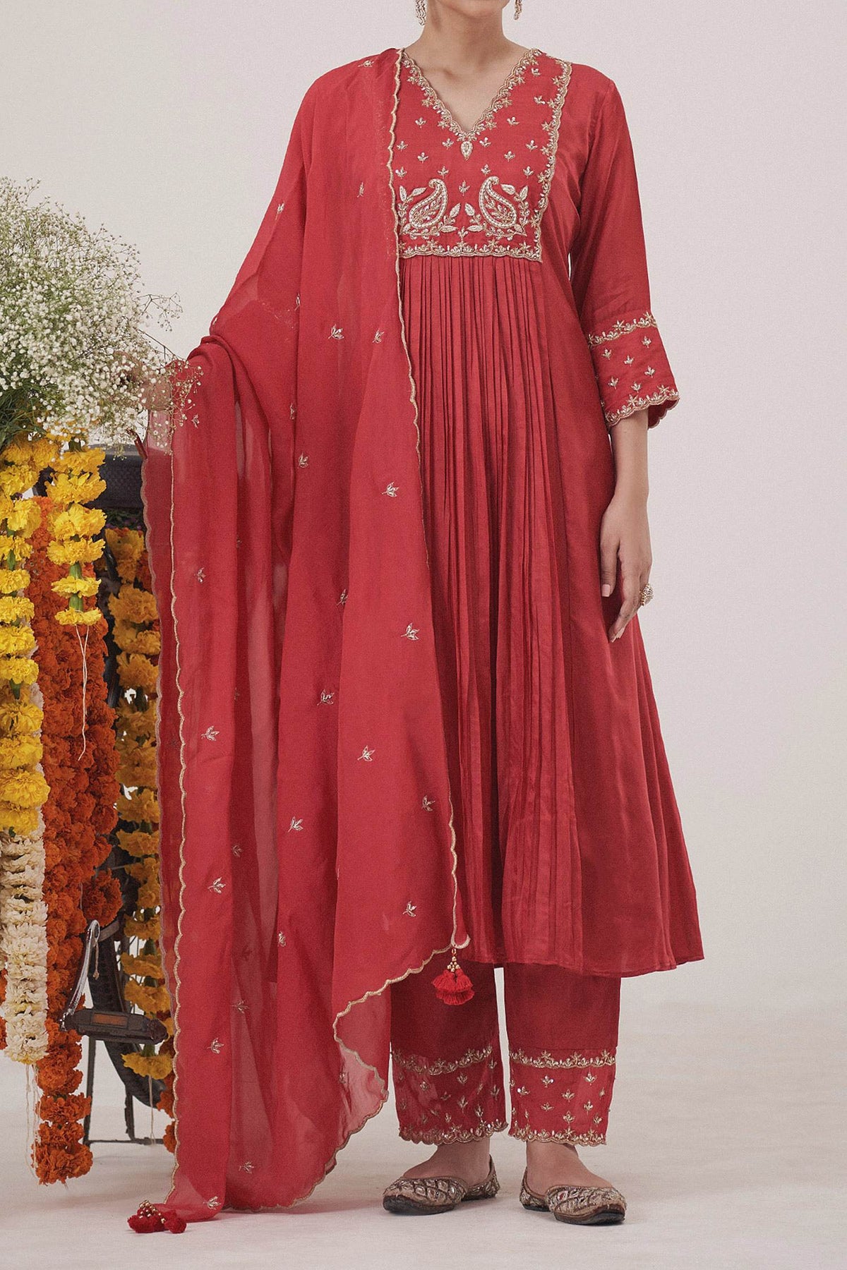 Hirika &amp; Dhruti Red Anarkali Gajji Silk, Dupatta Organza, Pant Paisley Embroidered Set For Kids Online at Aza Fashions