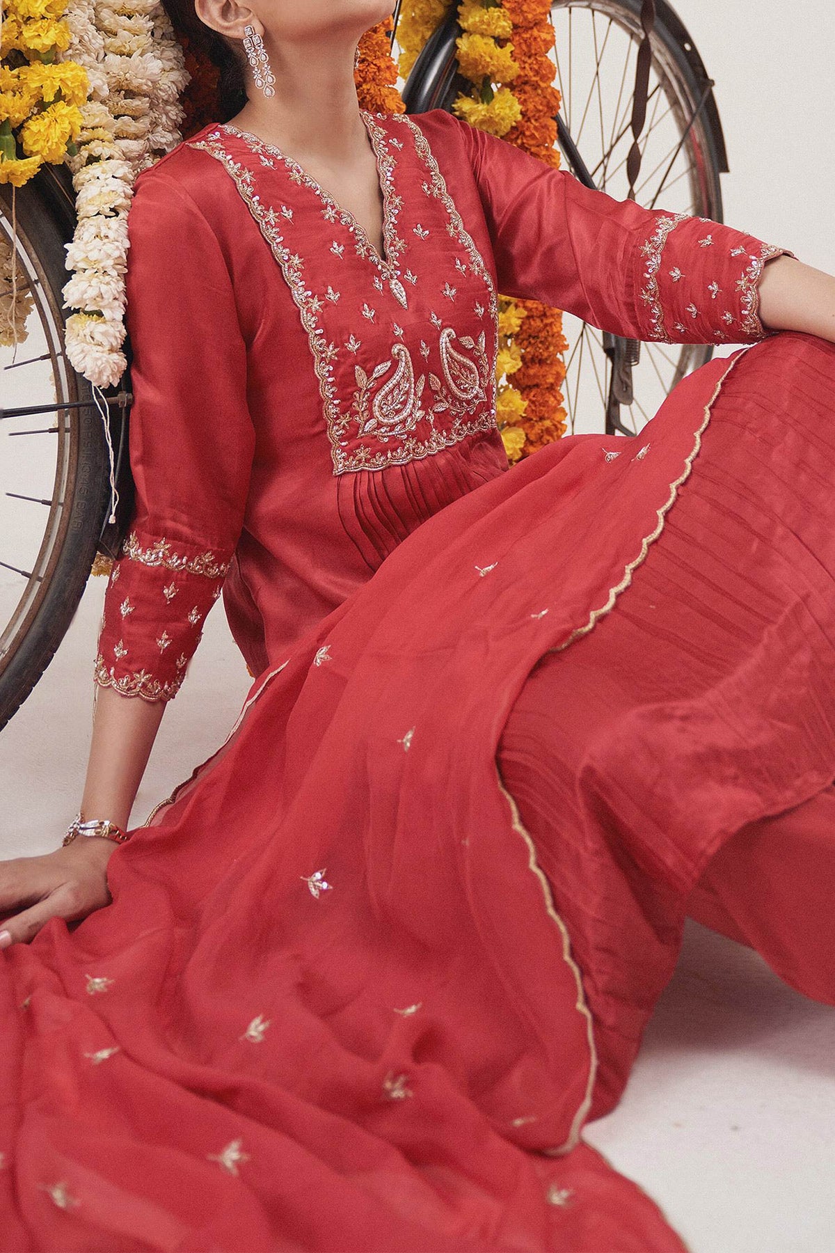 Buy Hirika &amp; Dhruti Red Anarkali Gajji Silk, Dupatta Organza, Pant Paisley Embroidered Set For Kids Online at Aza Fashions