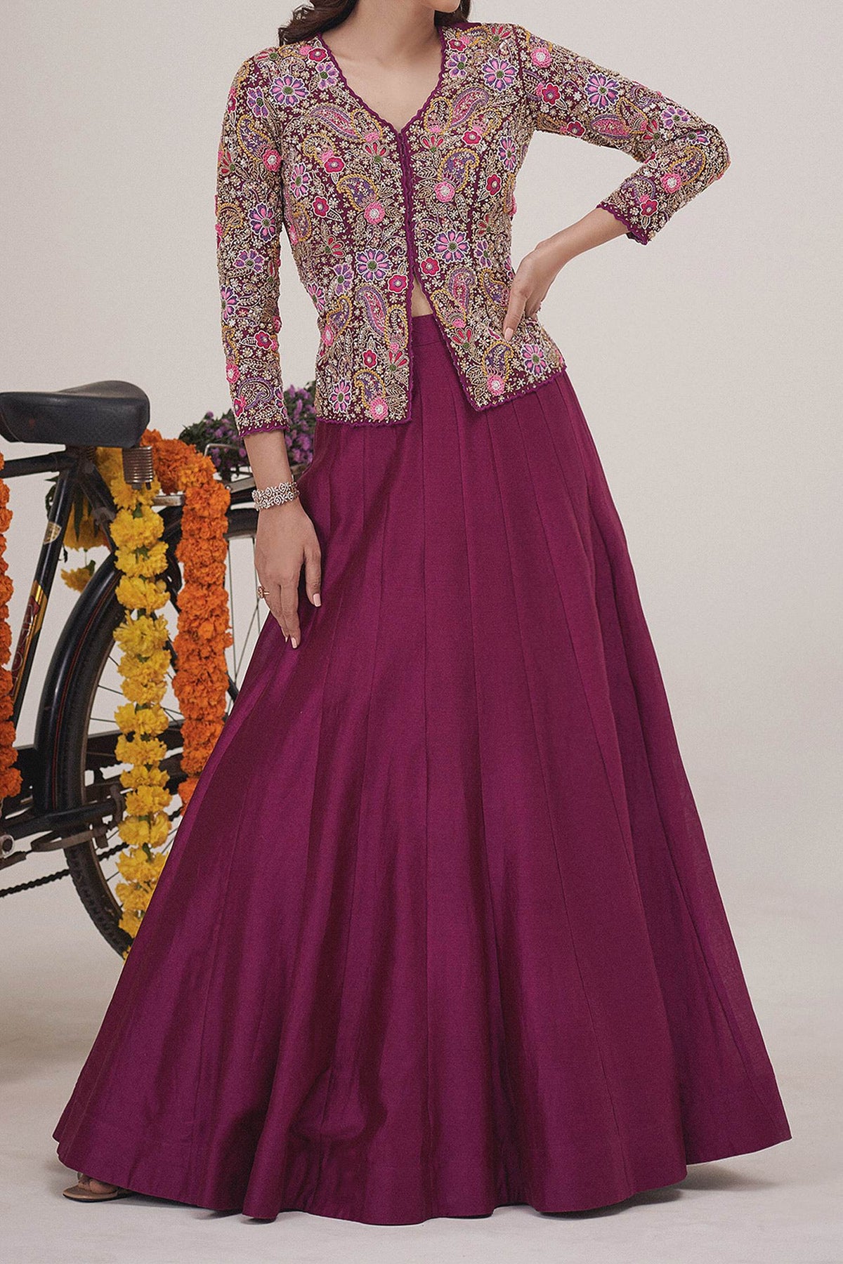 Hirika &amp; Dhruti Purple Silk Chanderi Sequin, Paisley Bloom Embroidered Jacket Blouse With Lehenga For Kids Online at Aza Fashions