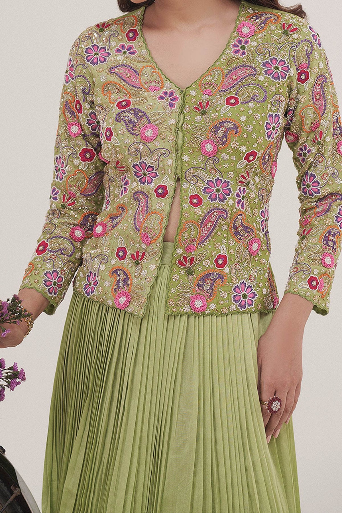 Buy Hirika &amp; Dhruti Green Silk Chanderi Sequin, Beads Bloom Embroidered Jacket Blouse With Lehenga For Kids Online at Aza Fashions