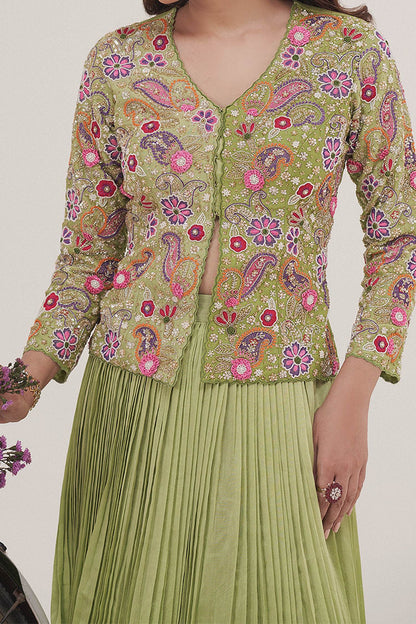 Buy Hirika &amp; Dhruti Green Silk Chanderi Sequin, Beads Bloom Embroidered Jacket Blouse With Lehenga For Kids Online at Aza Fashions