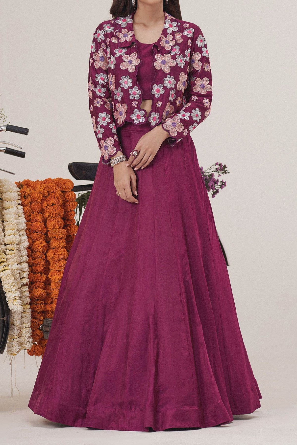 Shop Hirika &amp; Dhruti Pink Gajji Silk Floral Beads Blossom Embroidered Jacket Lehenga Set For Kids Online at Aza Fashions