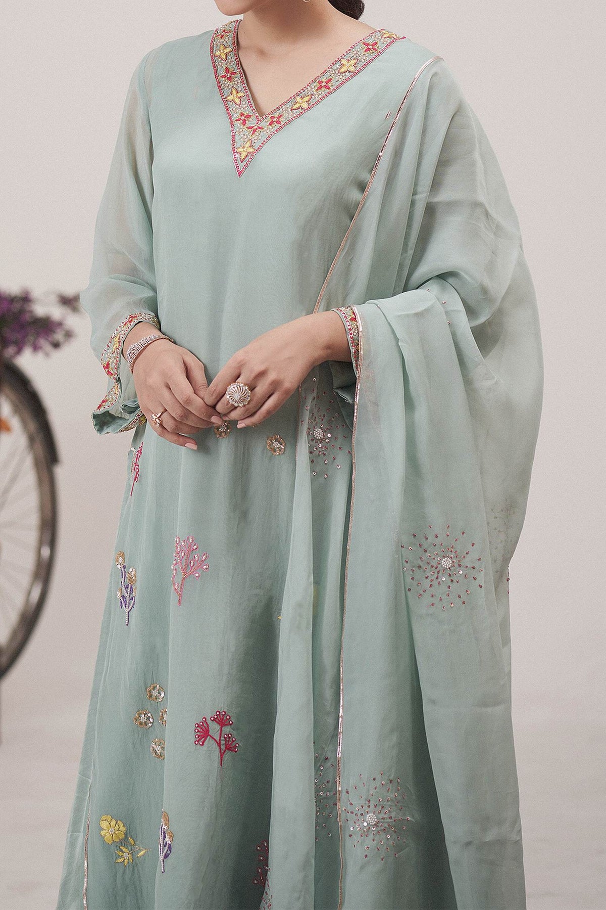 Hirika &amp; Dhruti Green Dupatta Organza, Pant Cotton, Kurta Gajji Silk Floral Garden Set For Kids Online at Aza Fashions